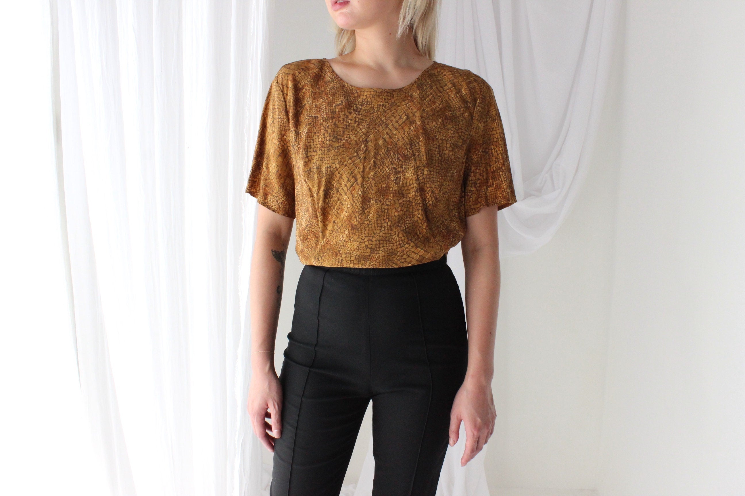 80s Pure Silk Snakeskin Print Tee Shirt