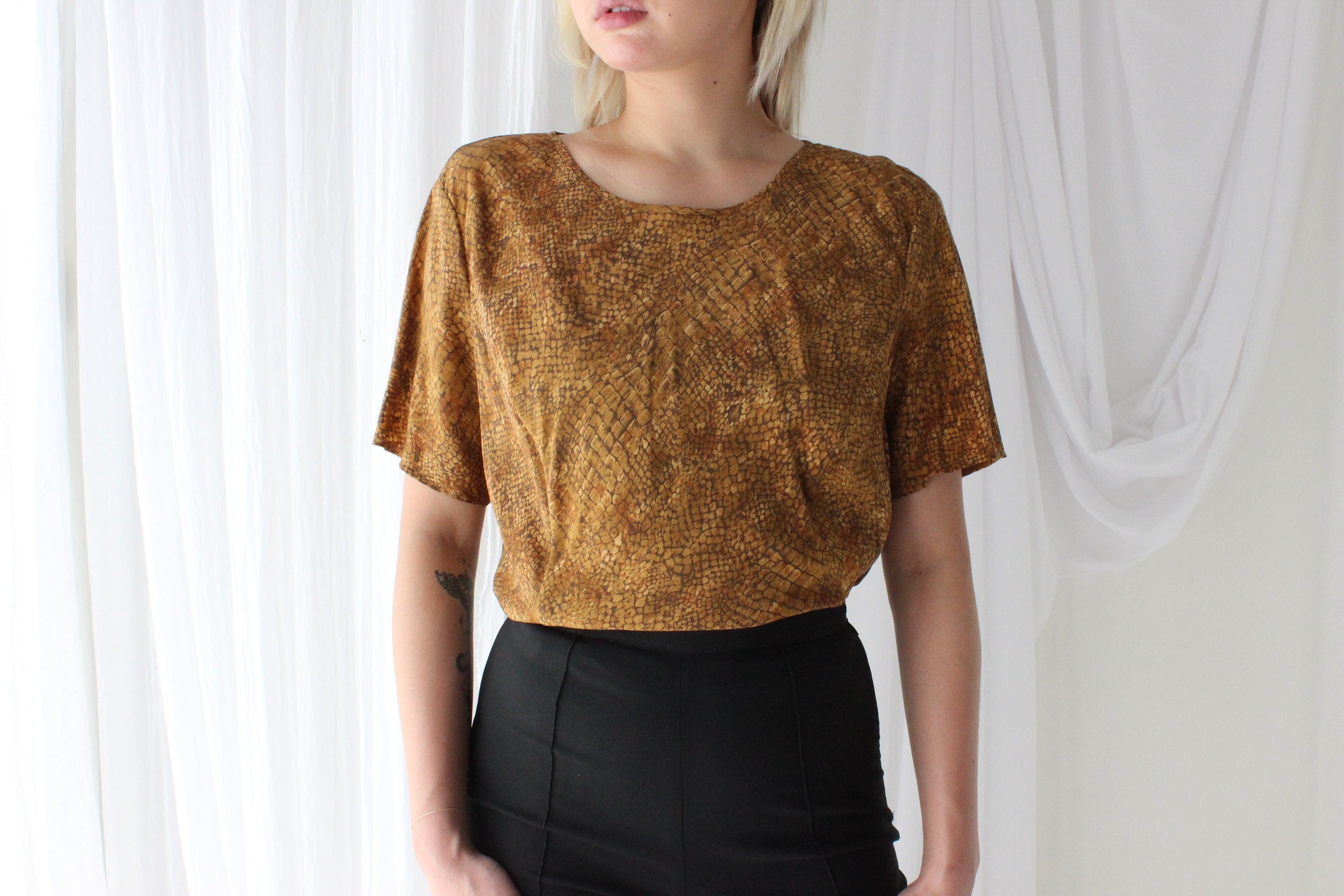 80s Pure Silk Snakeskin Print Tee Shirt