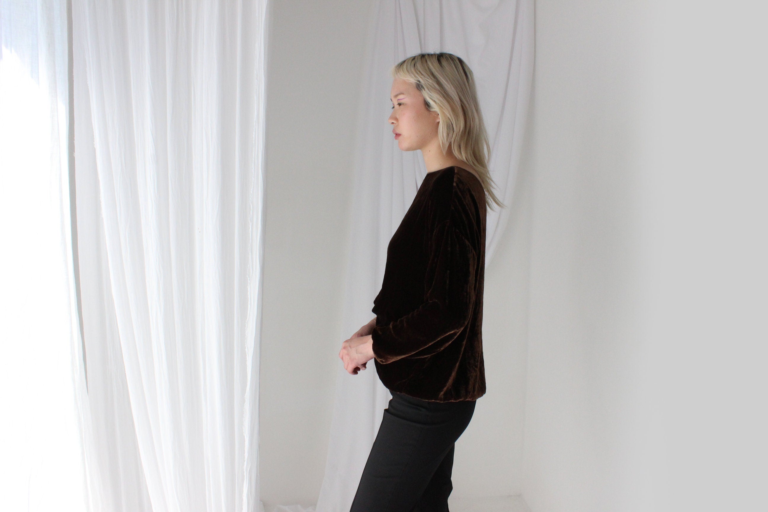 90s Chocolate Velvet Long Sleeve Slouch Top