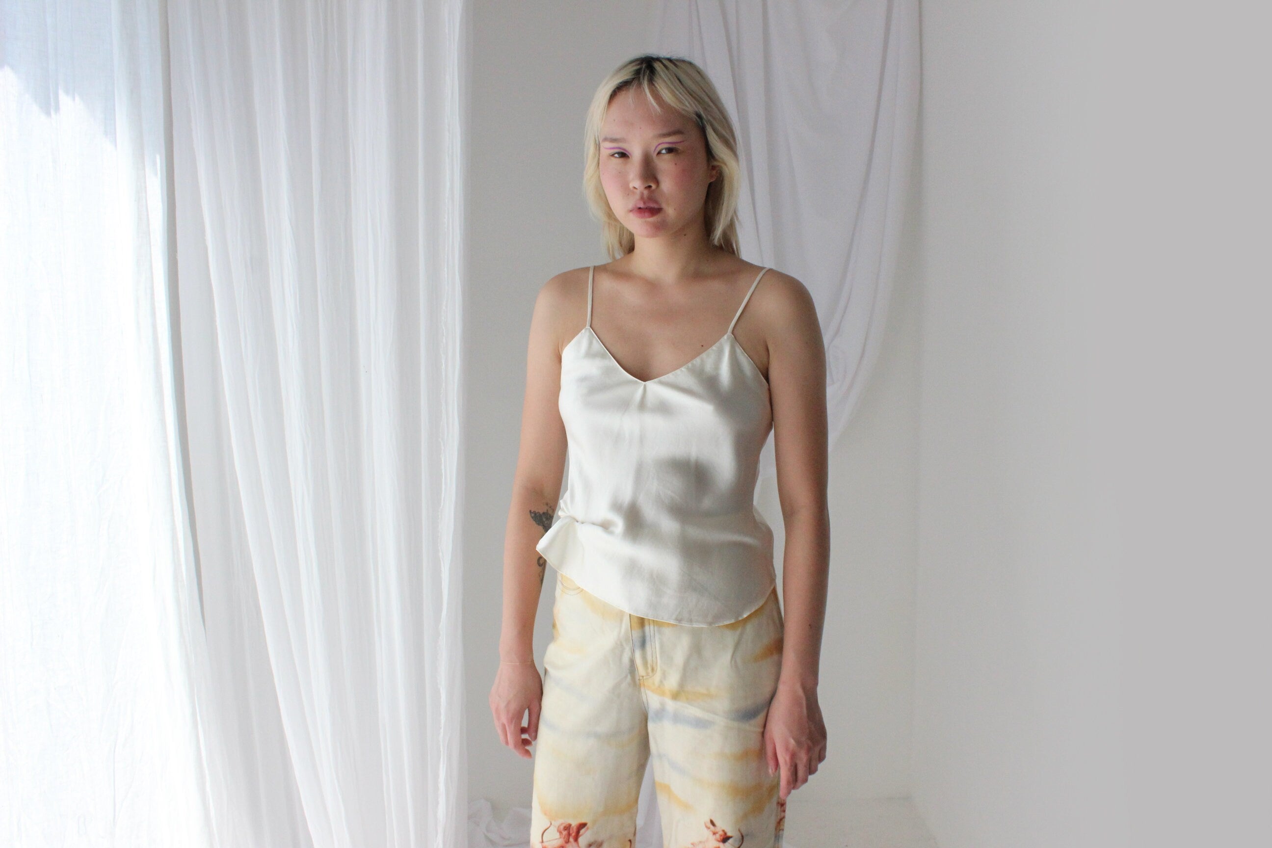 90s Pure Silk Cream Spaghetti Strap Cami