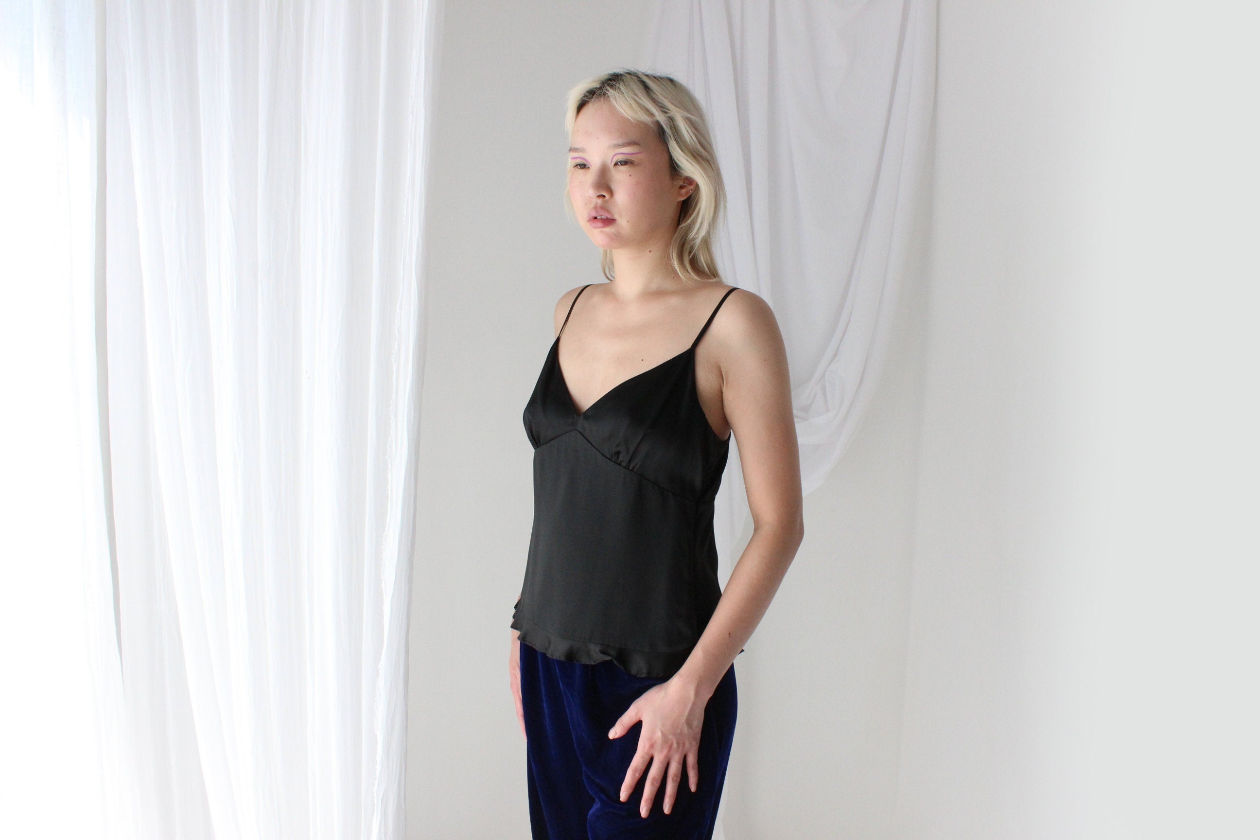 90s Black PURE SILK Spaghetti Strap Ruffle Cami