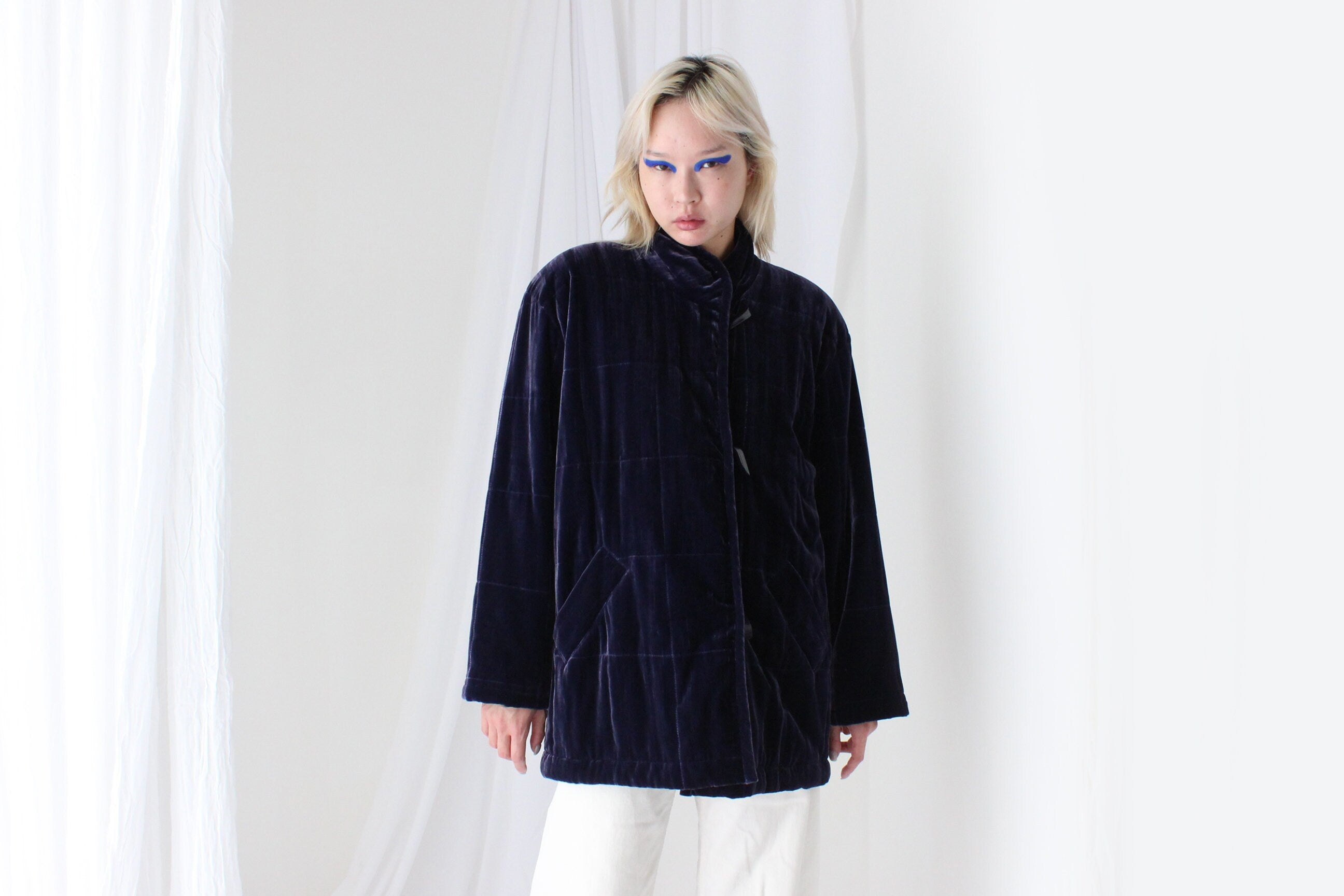 80s PURE SILK VELVET Quilted Puffer Coat in Purple