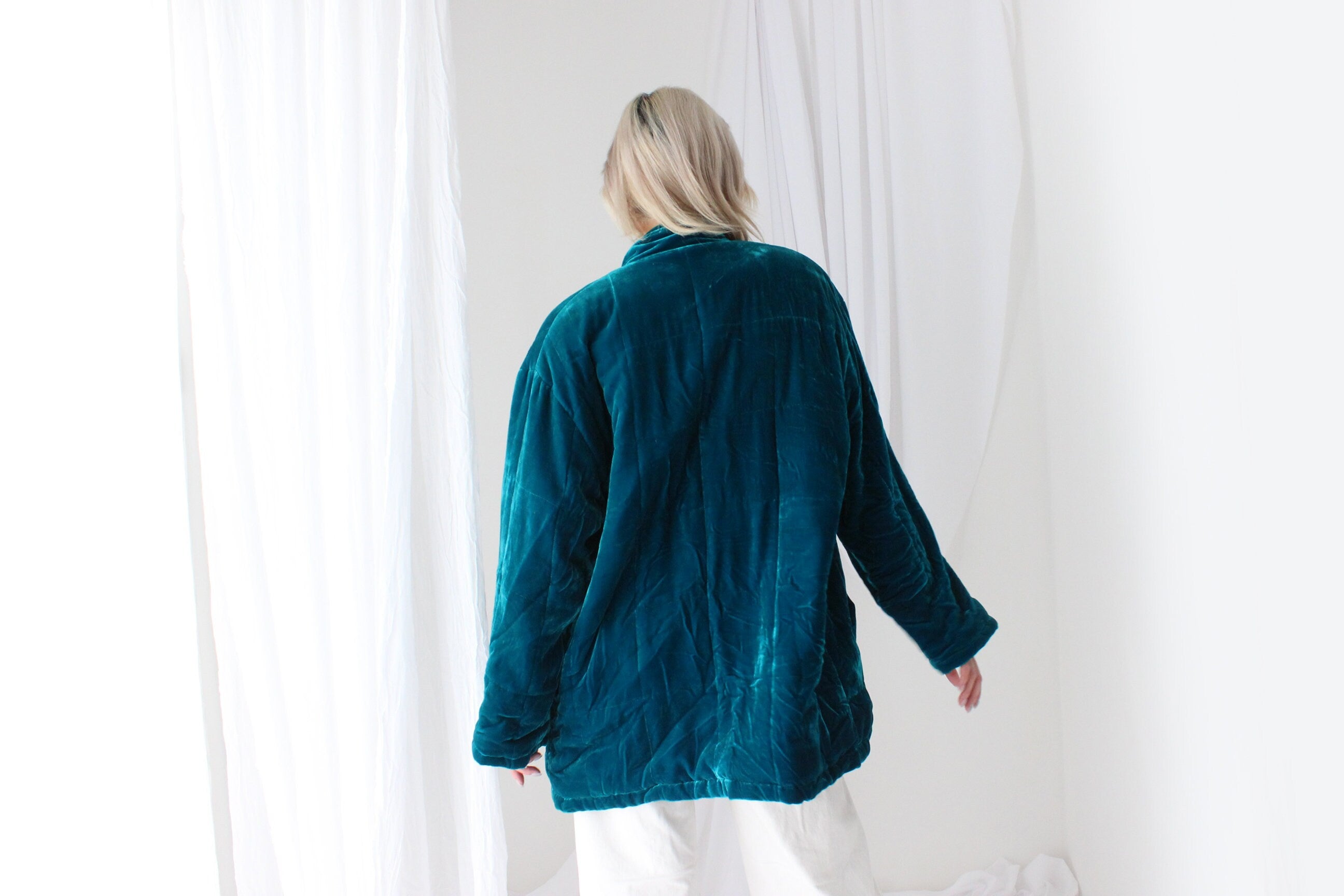 80s PURE SILK VELVET Quilted Puffer Coat in Teal