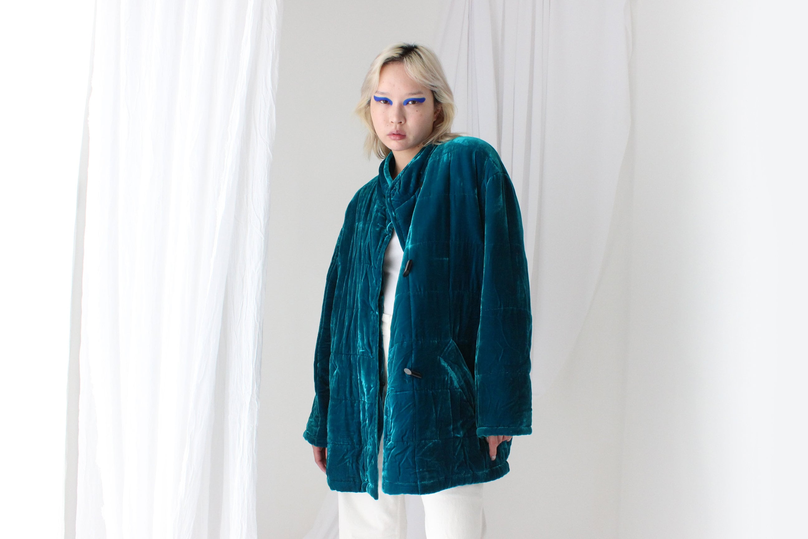 80s PURE SILK VELVET Quilted Puffer Coat in Teal