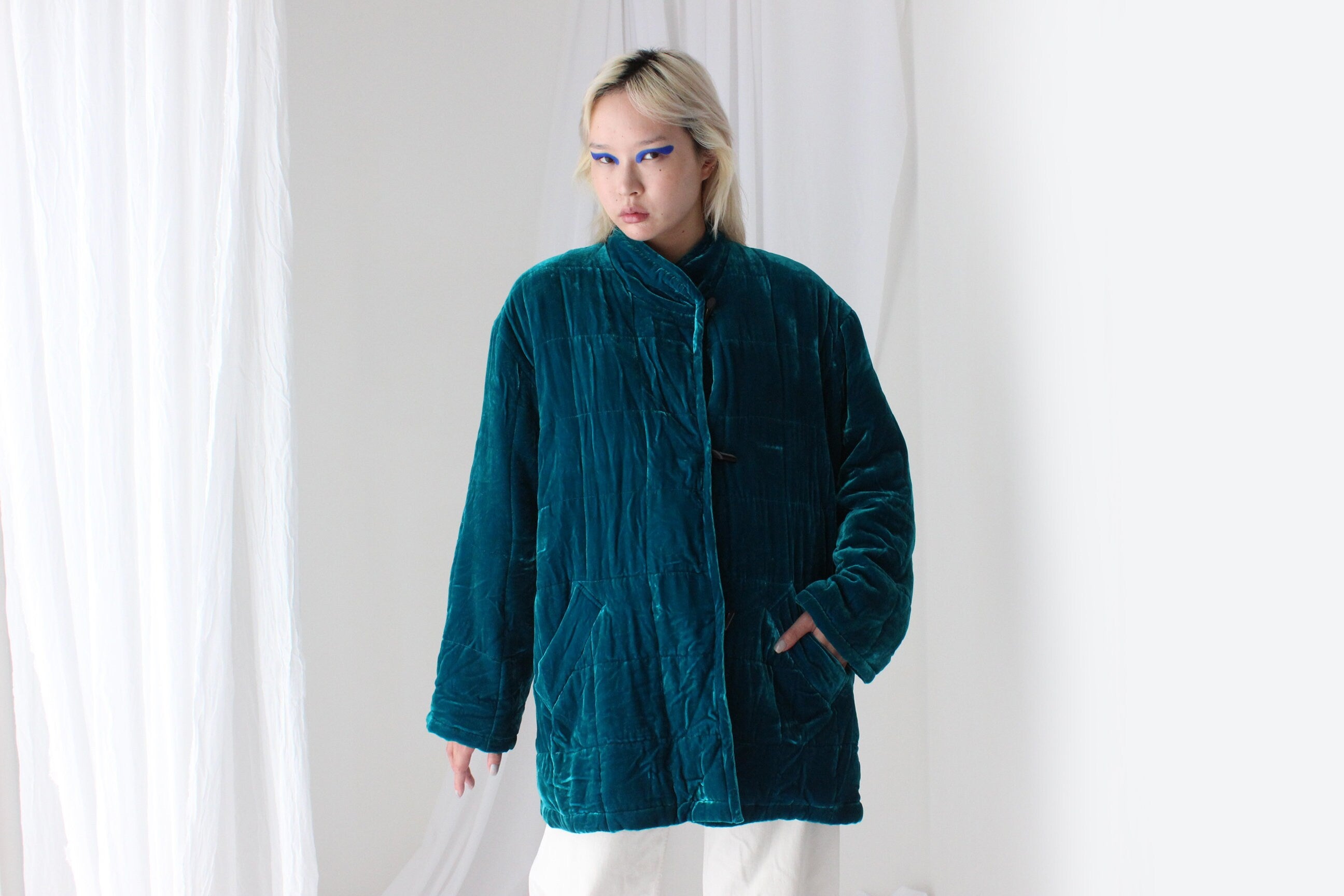 80s PURE SILK VELVET Quilted Puffer Coat in Teal