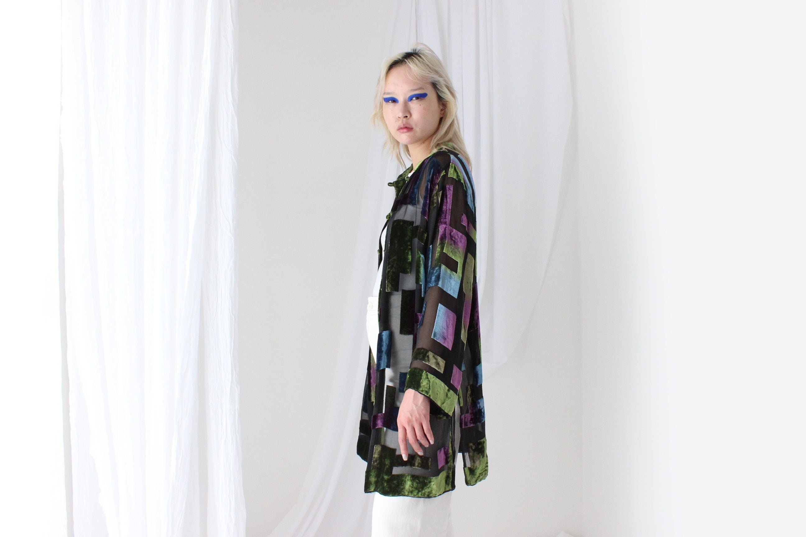 90s Luxury Silk Velvet Sheer Geometric Burnout Duster