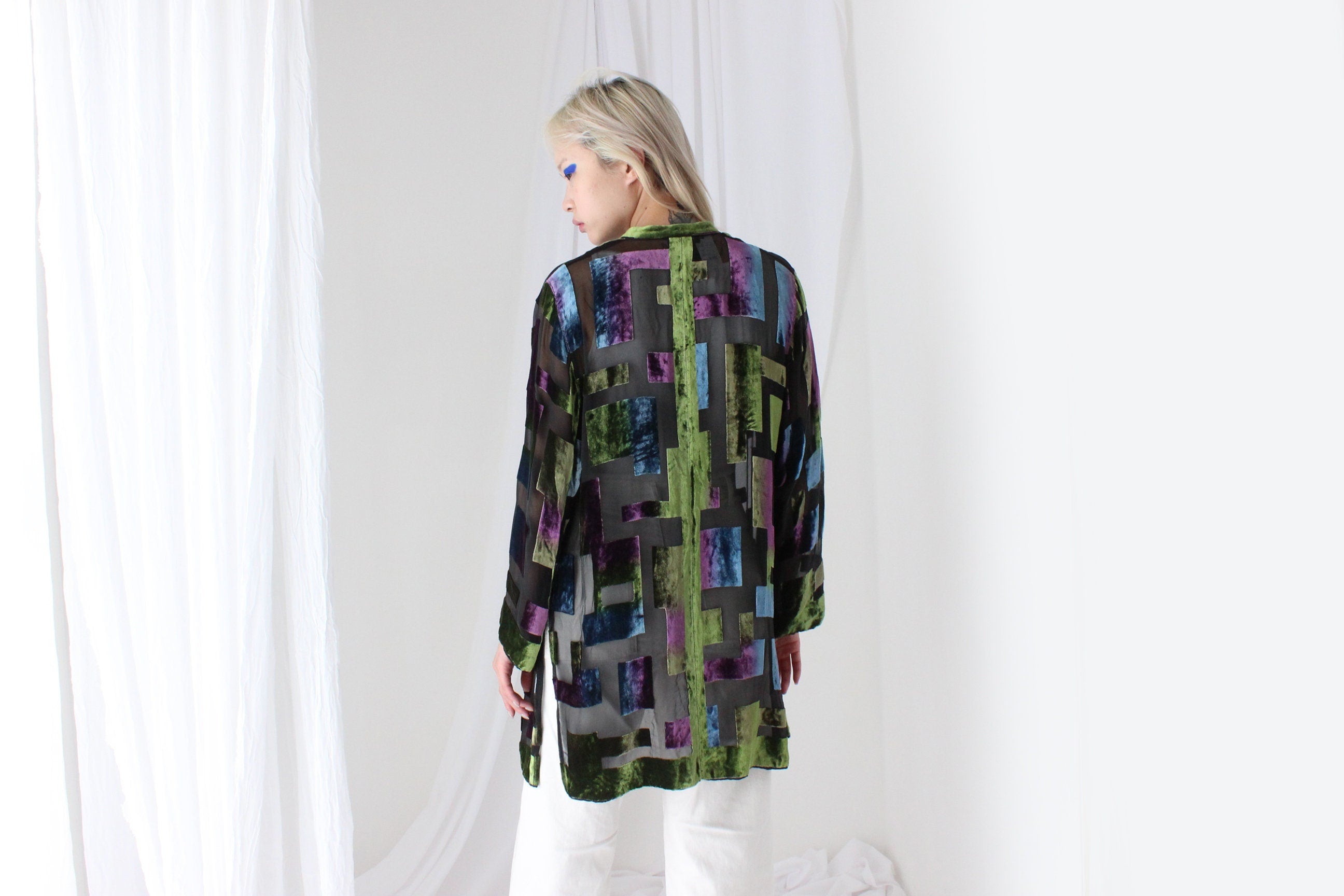 90s Luxury Silk Velvet Sheer Geometric Burnout Duster