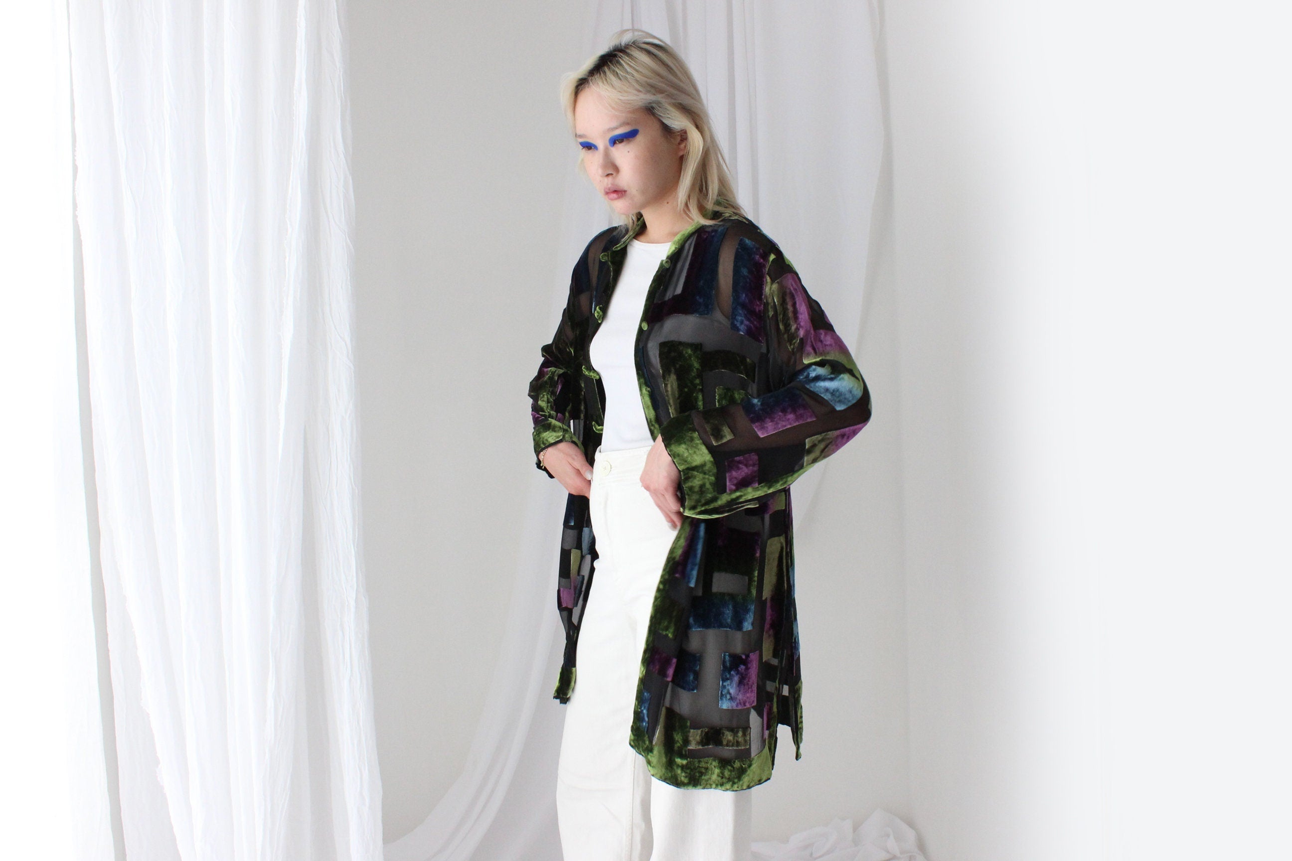 90s Luxury Silk Velvet Sheer Geometric Burnout Duster