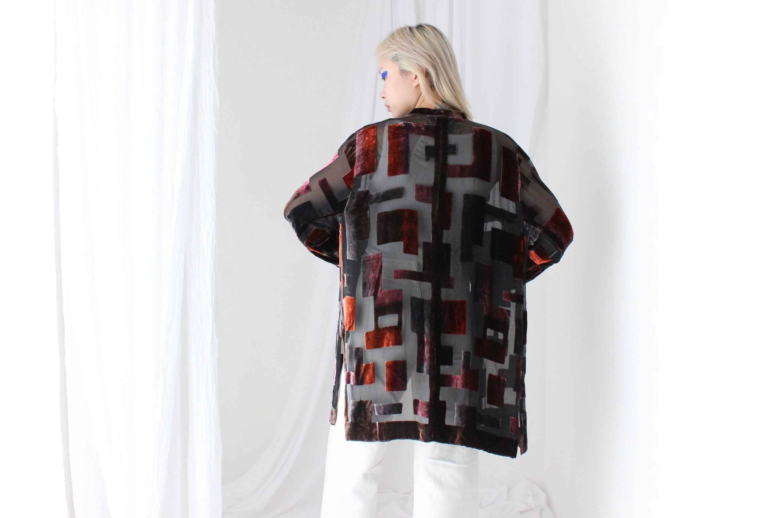 90s Luxury Silk Velvet Sheer Geometric Burnout Duster