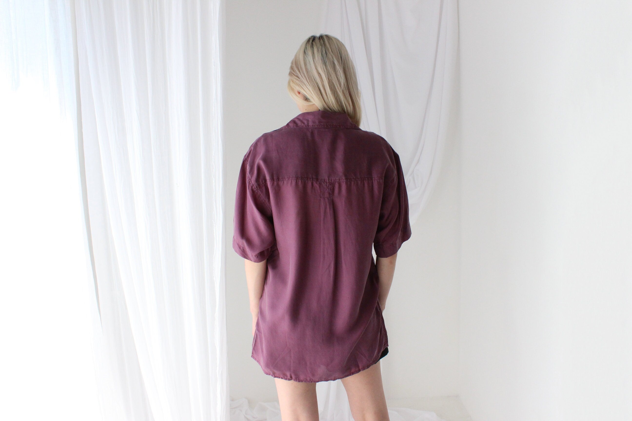 80s MATTE SILK Purple Boxy Double Pocket Shirt