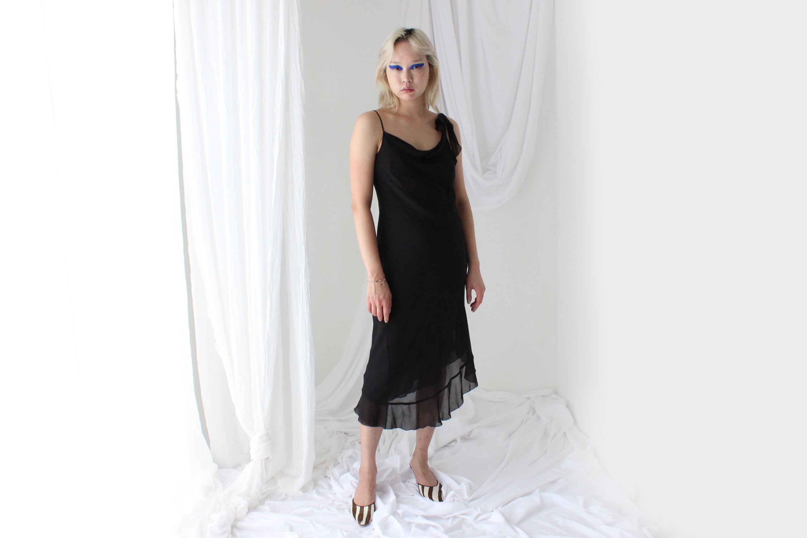 Y2K PURE SILK Black Beaded Chiffon Asymmetric Cocktail Dress