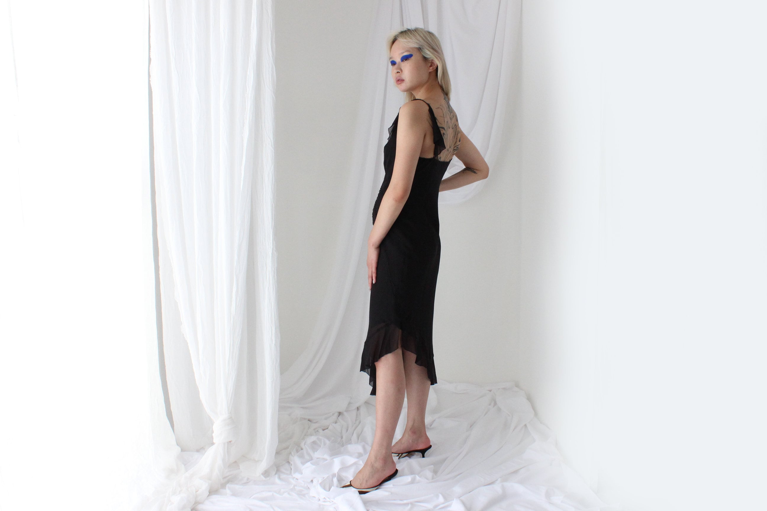 Y2K PURE SILK Black Beaded Chiffon Asymmetric Cocktail Dress