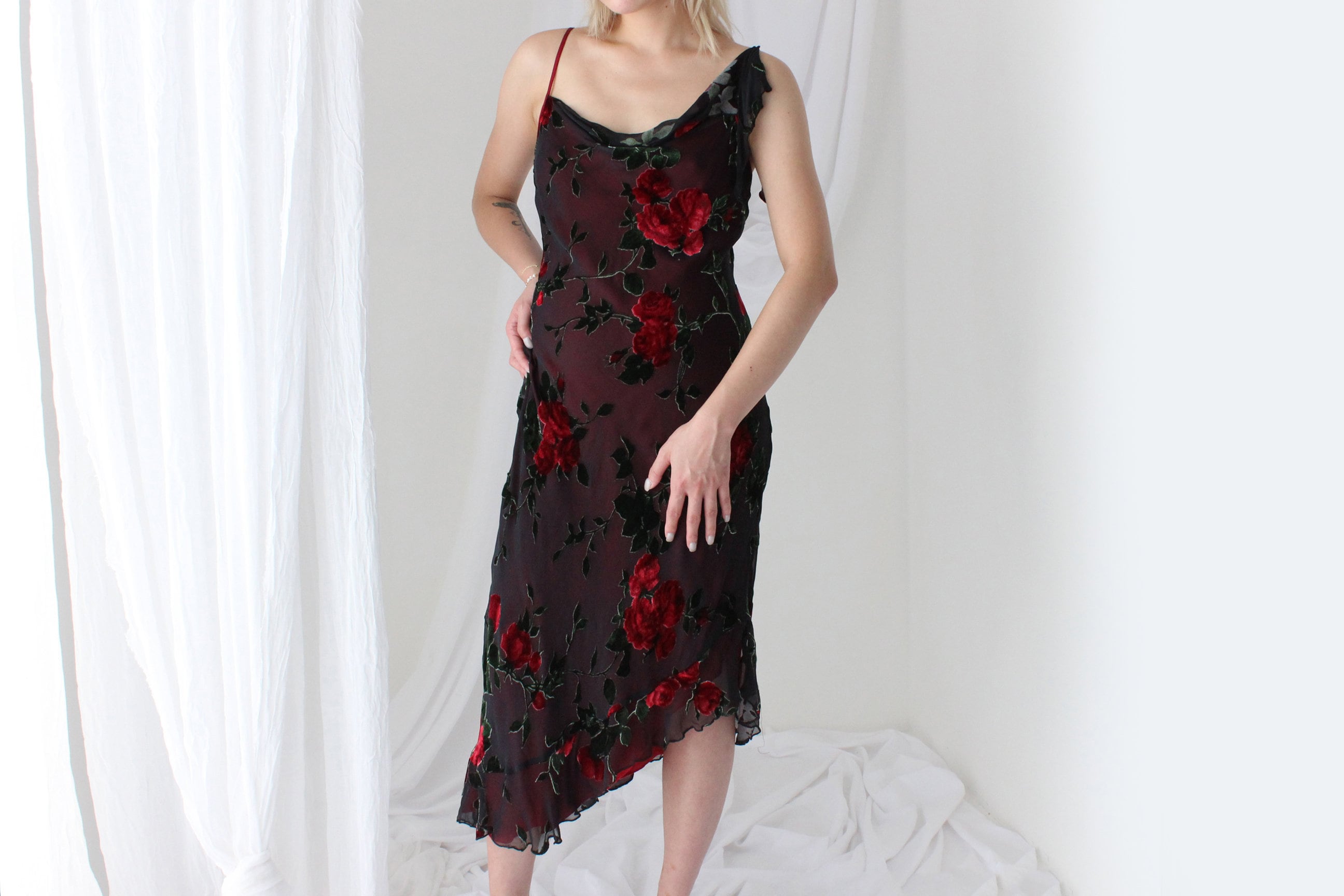 Y2K PURE SILK Rose Gothic Velvet Burnout Asymmetric Cocktail Dress