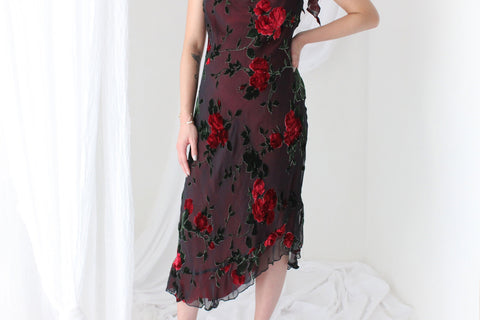 Y2K PURE SILK Rose Gothic Velvet Burnout Asymmetric Cocktail Dress