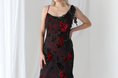 Y2K PURE SILK Rose Gothic Velvet Burnout Asymmetric Cocktail Dress