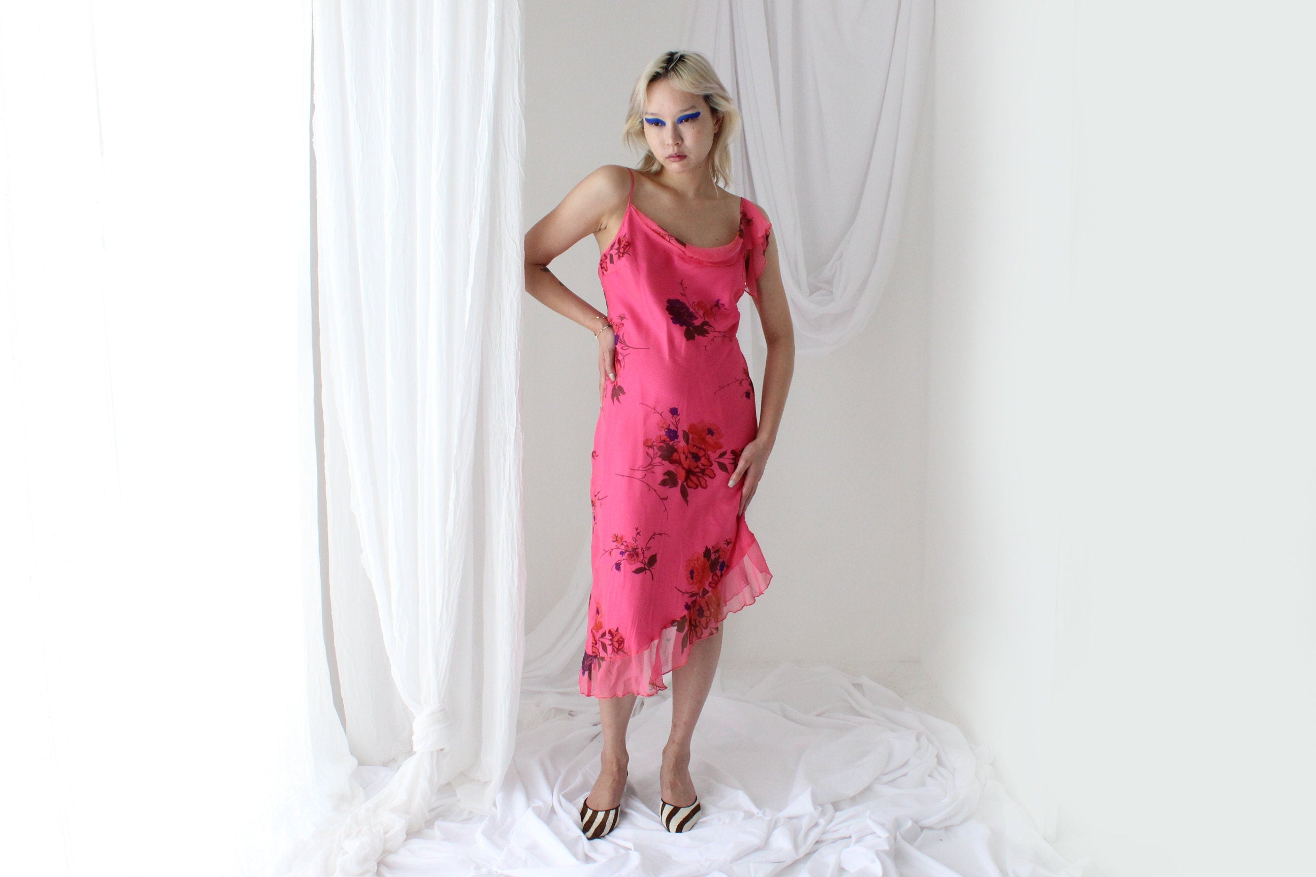 Spectacular Y2K PURE SILK Neon Pink Asymmetric Dress
