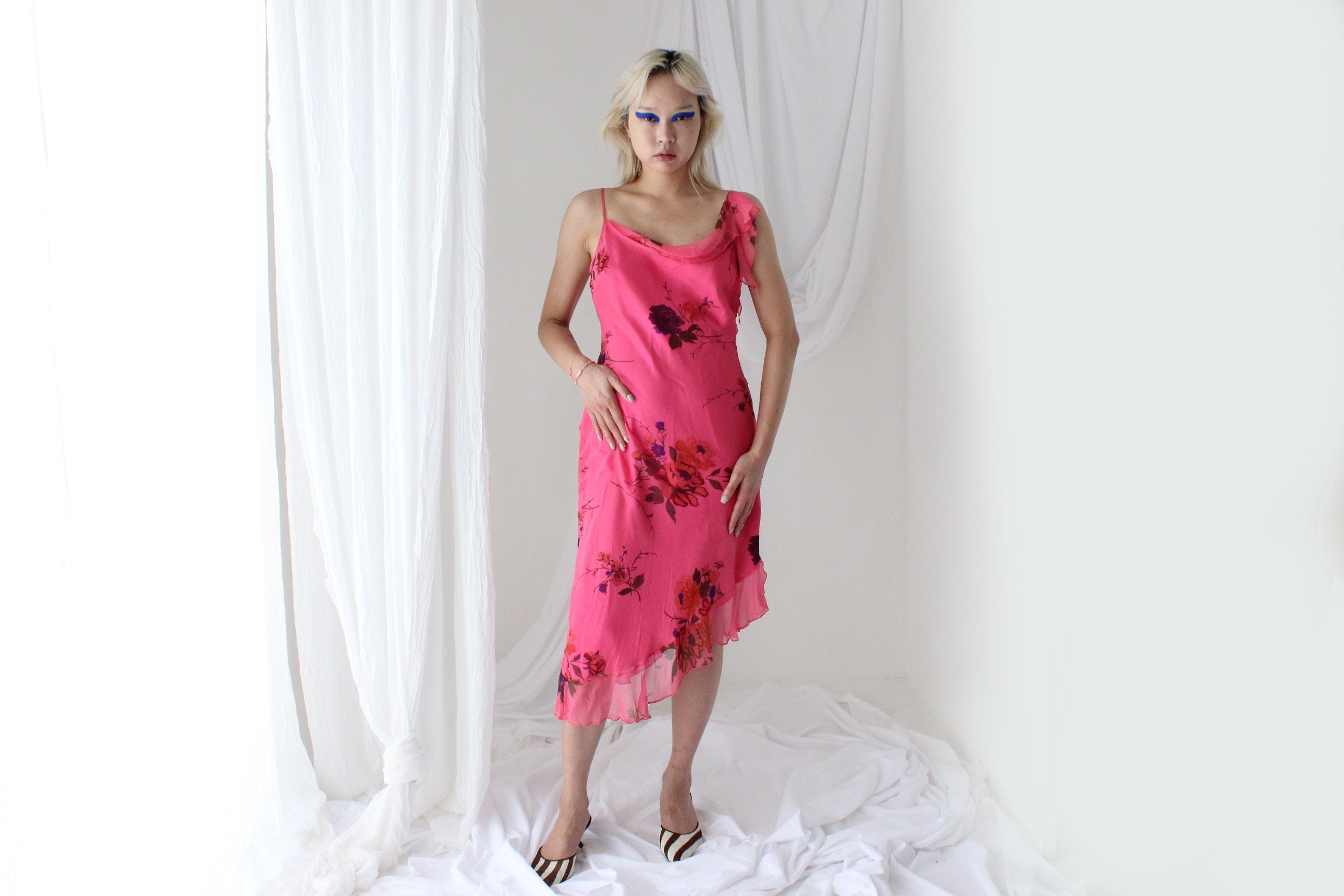 Spectacular Y2K PURE SILK Neon Pink Asymmetric Dress