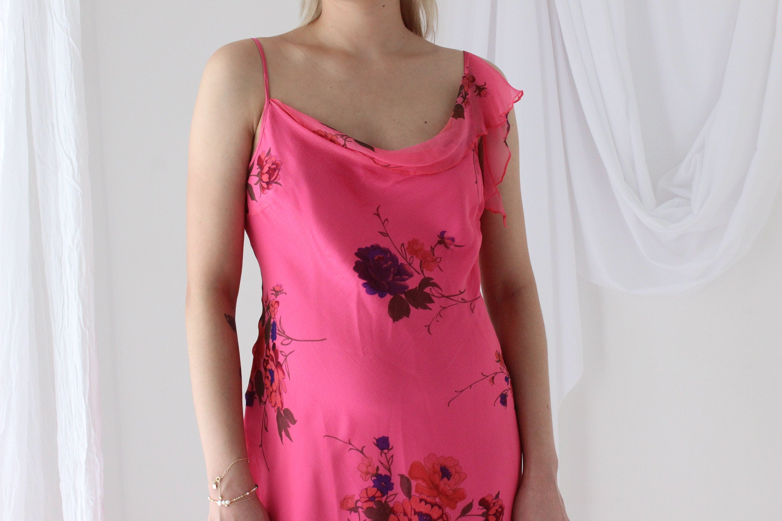 Spectacular Y2K PURE SILK Neon Pink Asymmetric Dress