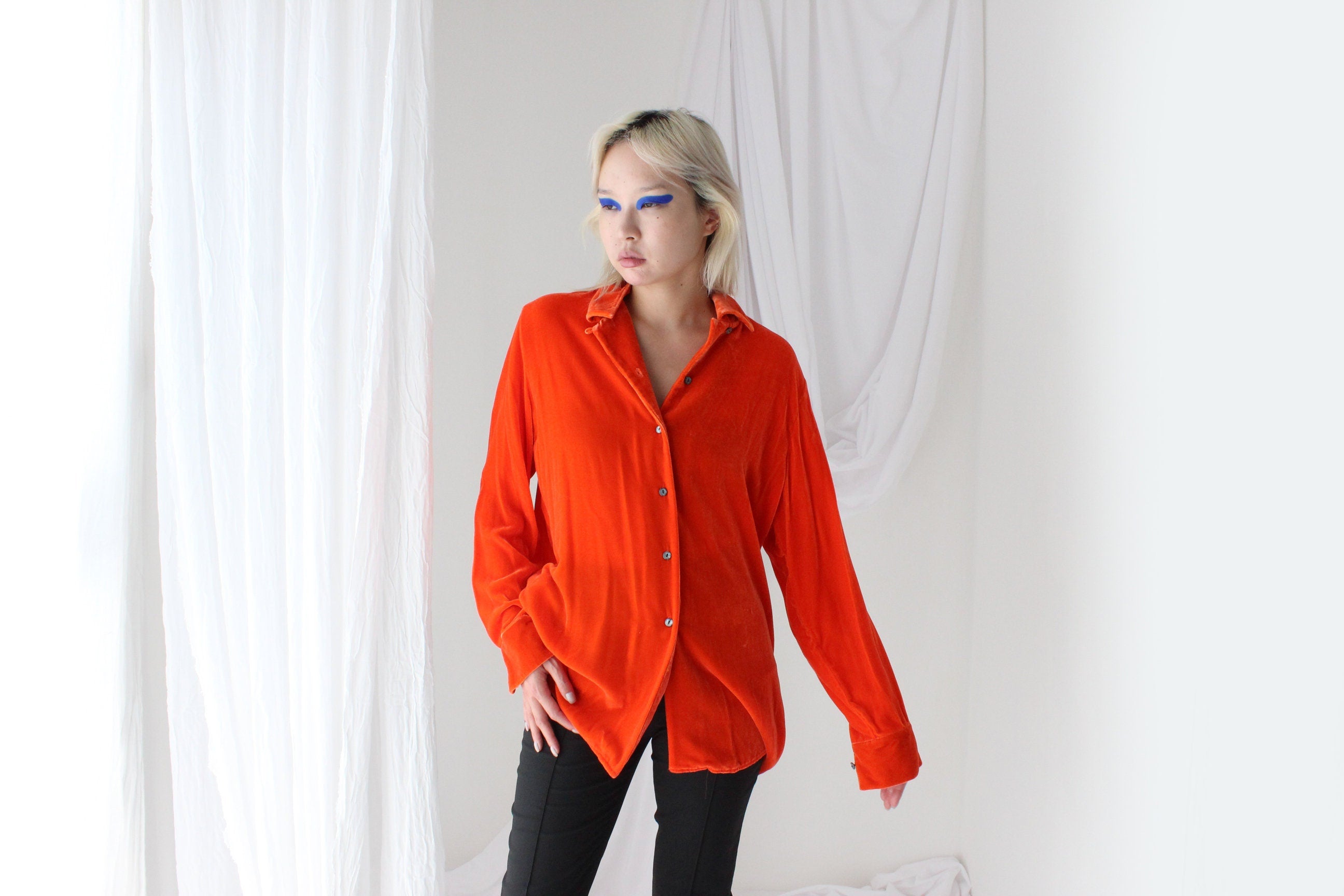 90s Acid Orange PURE SILK VELVET Shirt