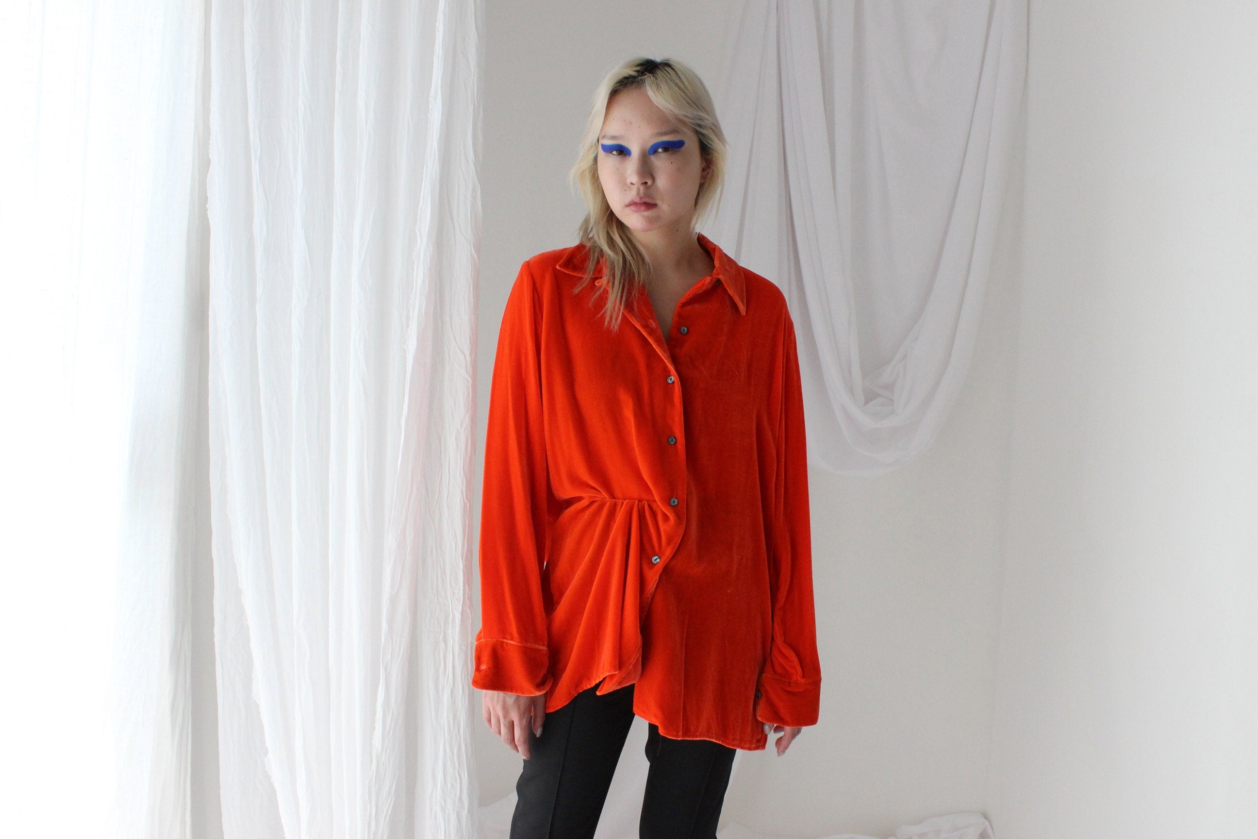 90s Acid Orange PURE SILK VELVET Shirt