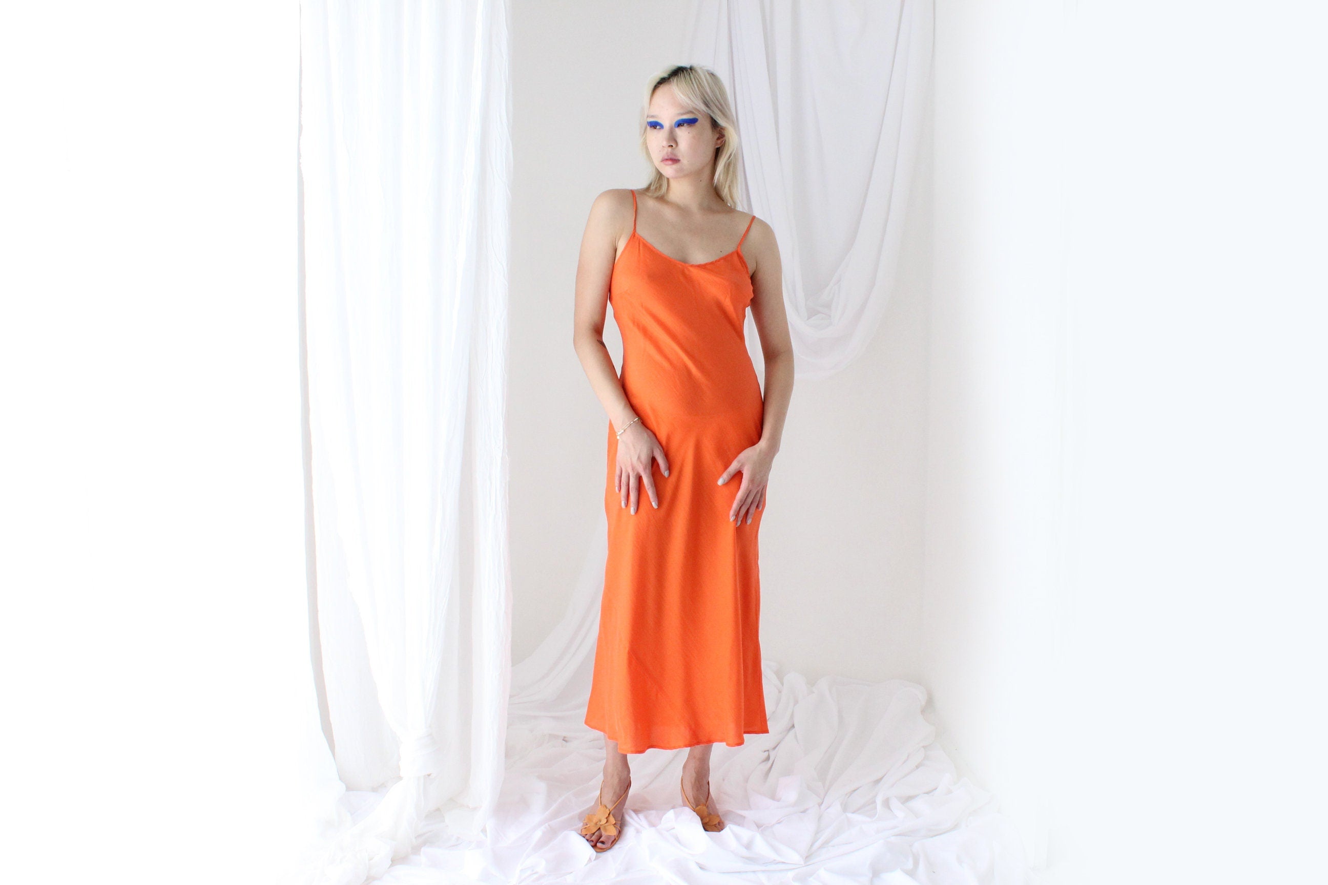 90s Pure Silk Bias Cut Slip Dress in Tangerine