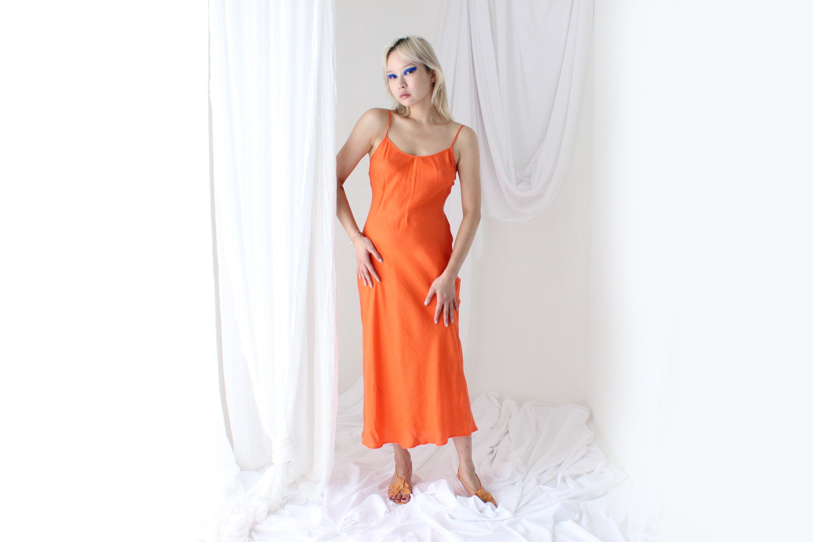 90s Pure Silk Bias Cut Slip Dress in Tangerine