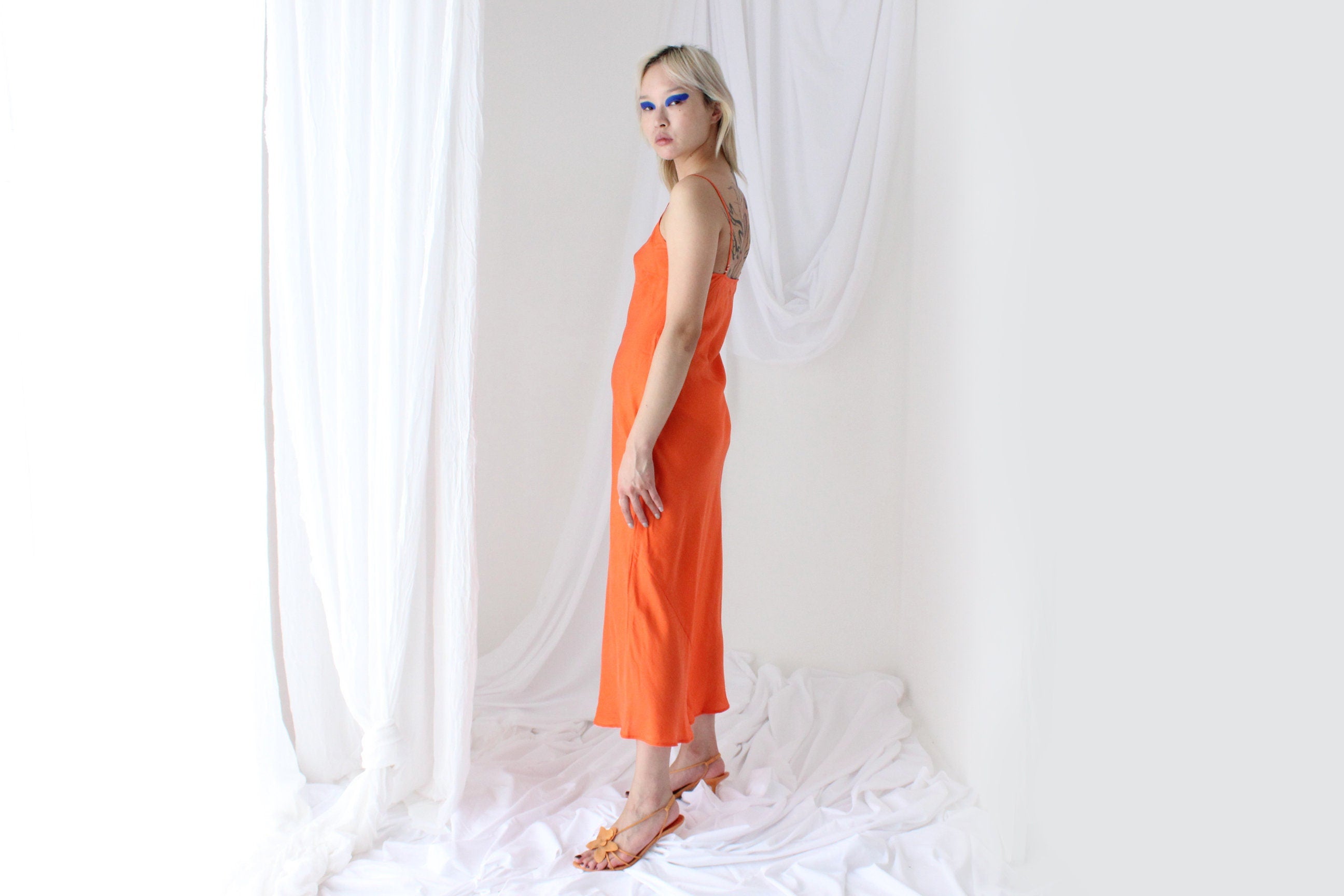 90s Pure Silk Bias Cut Slip Dress in Tangerine