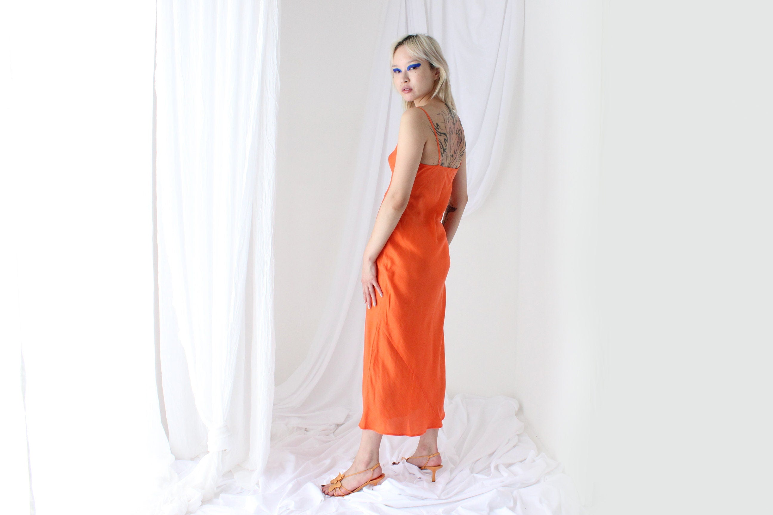 90s Pure Silk Bias Cut Slip Dress in Tangerine