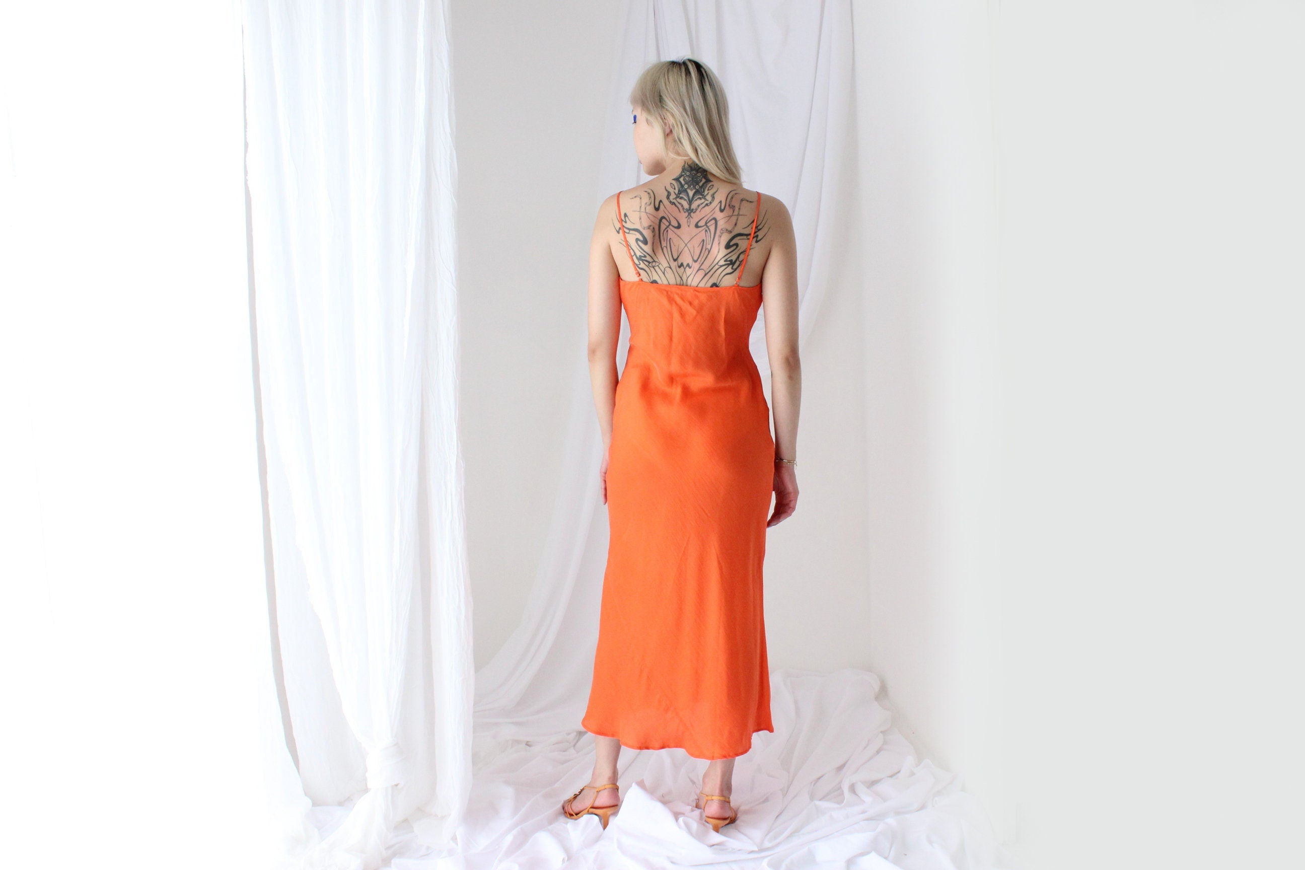 90s Pure Silk Bias Cut Slip Dress in Tangerine