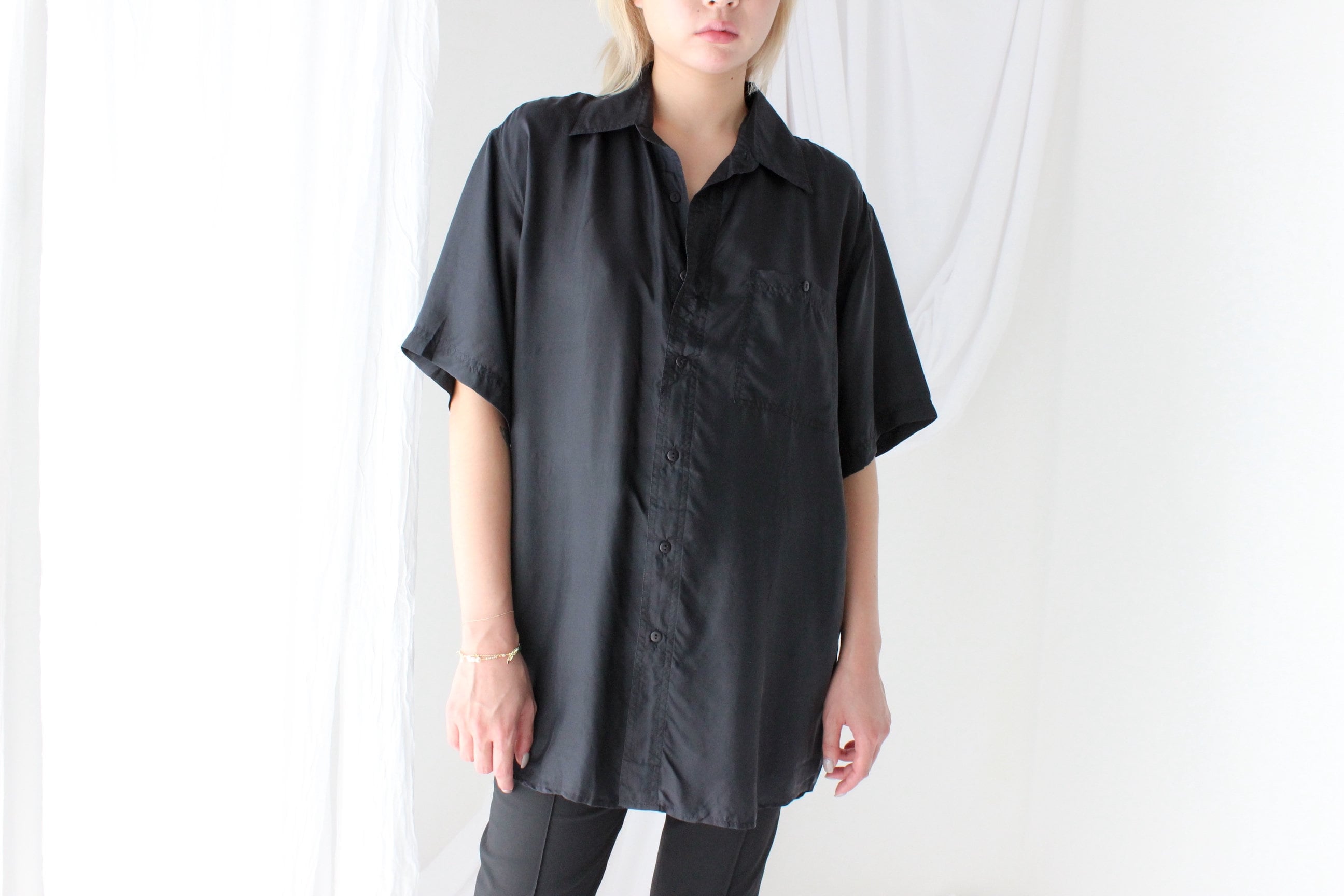 80s PURE SILK Ink Black Boxy Oversized Shirt