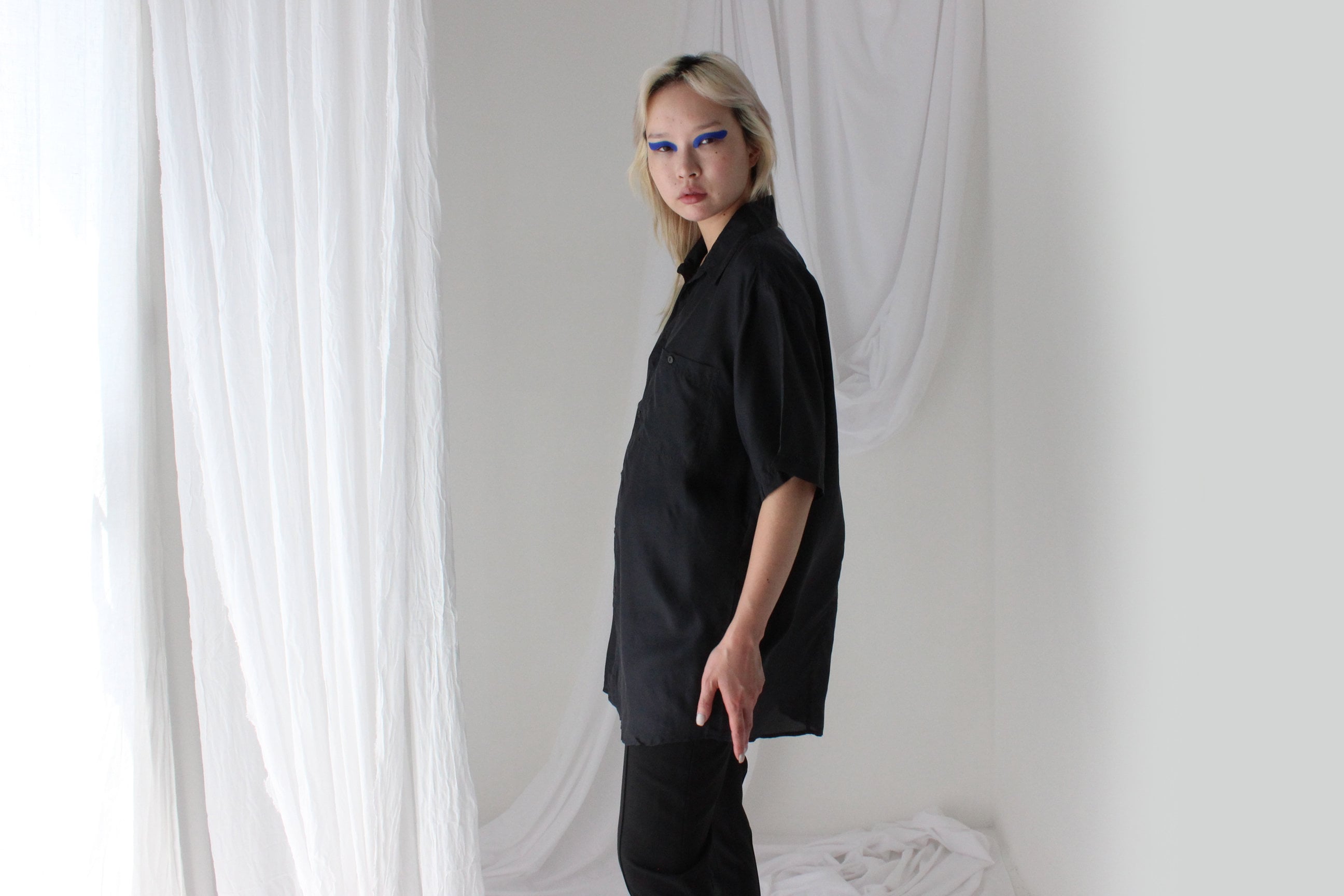 80s PURE SILK Ink Black Boxy Oversized Shirt