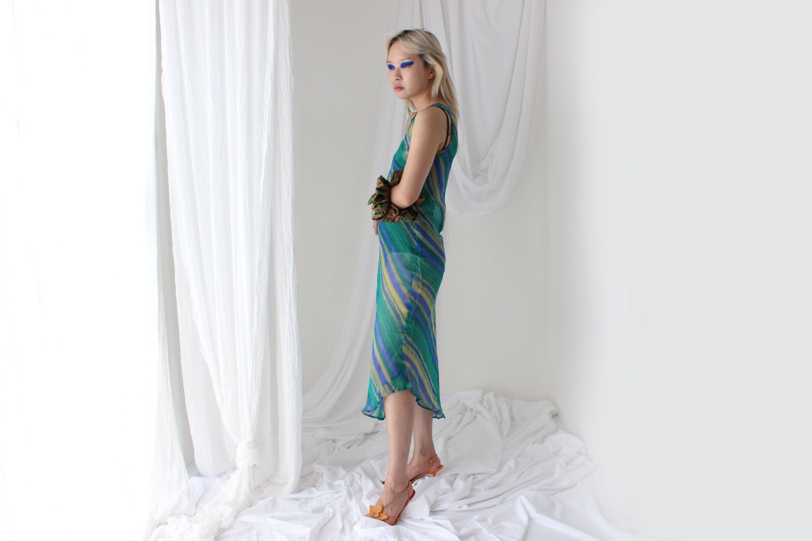 90s PURE SILK Stripe Print Bias Cut Dress