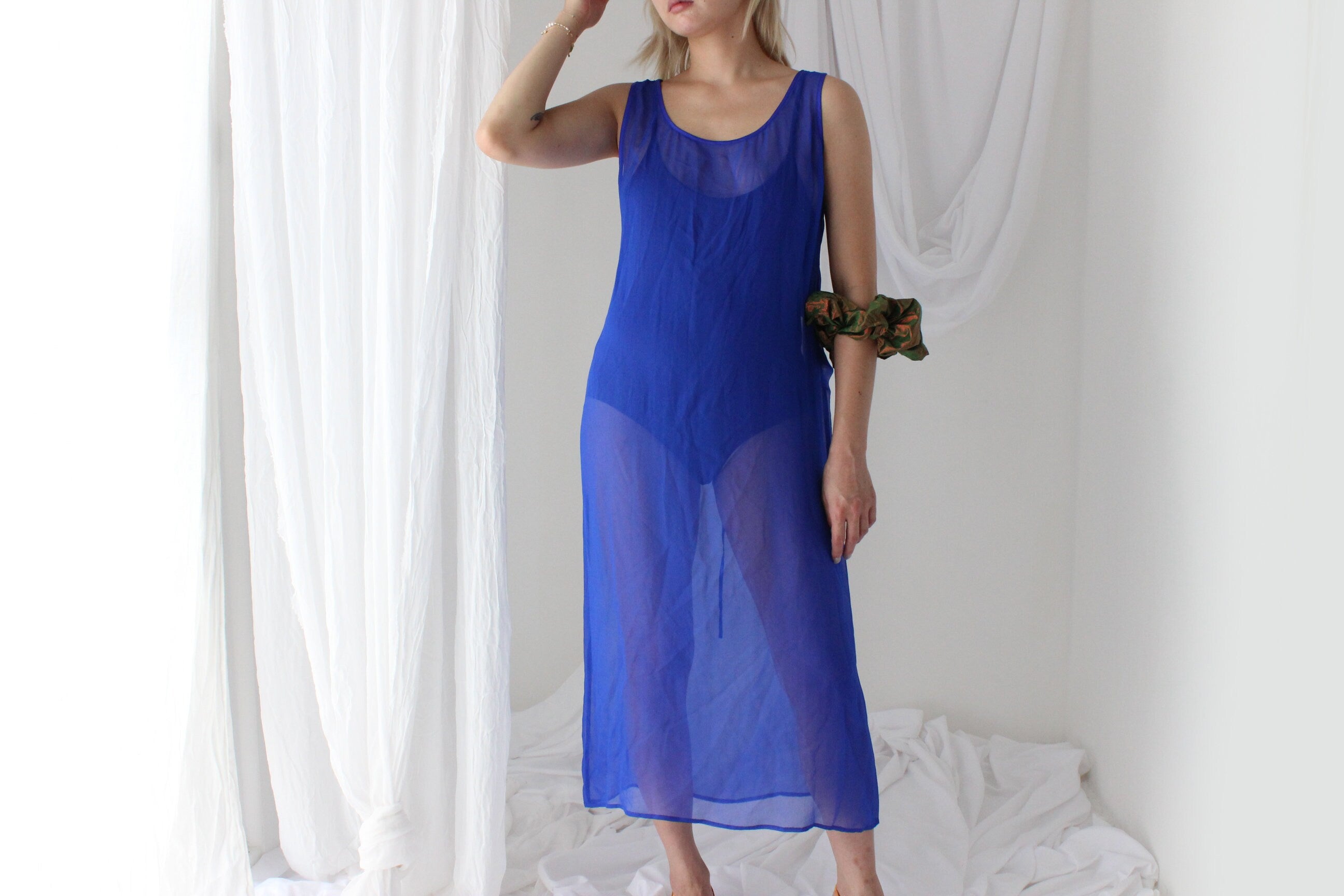 90s PURE SILK Sheer Yves Klein Cobalt Blue Sheath Dress