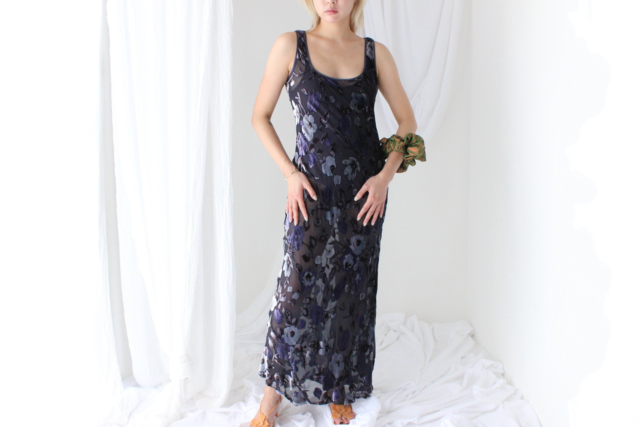 90s PURE SILK VELVET Floral Burnout Bias Cut Gown