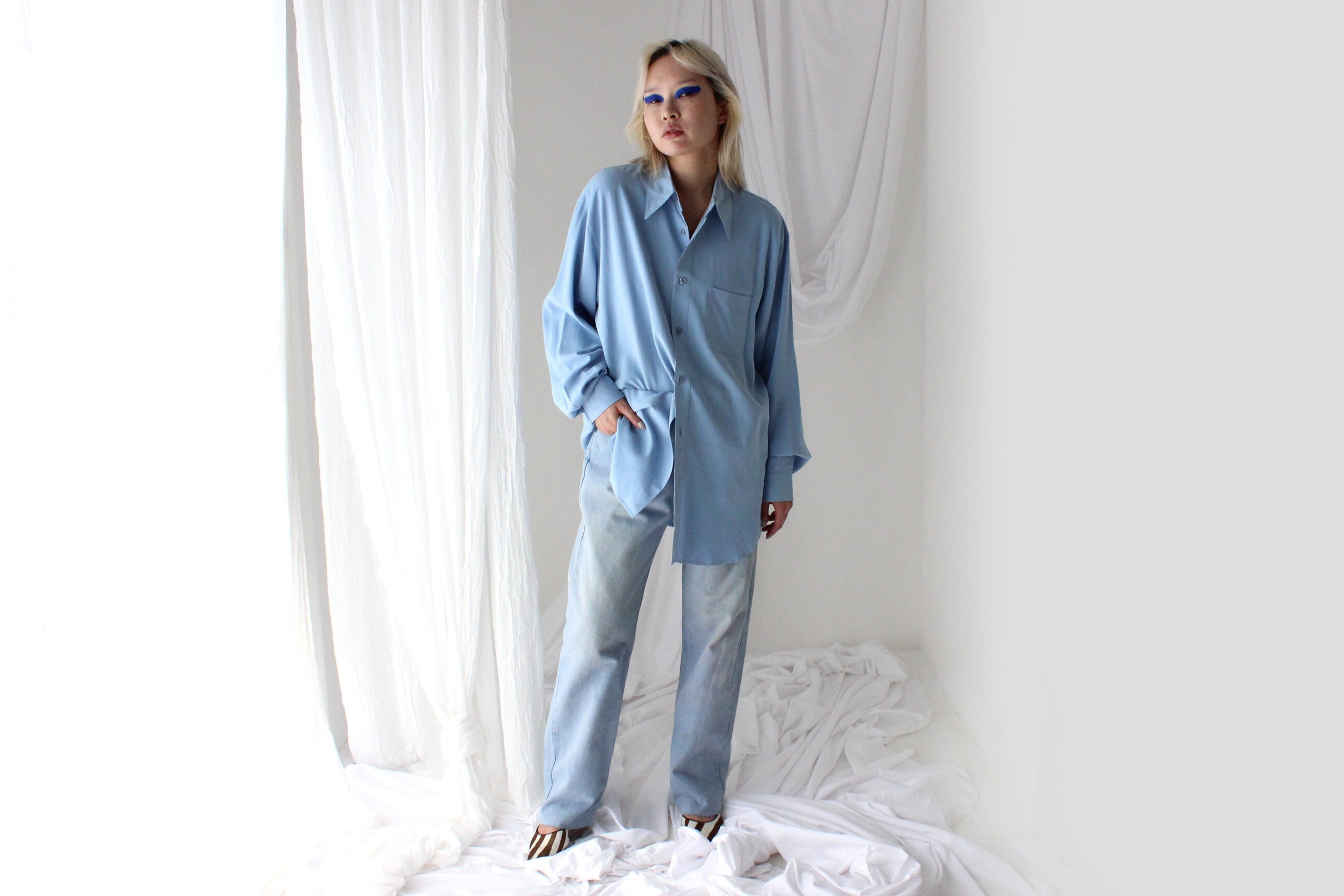 Heavenly 90s Pure Fuji Silk Sky Blue Oversized Shirt