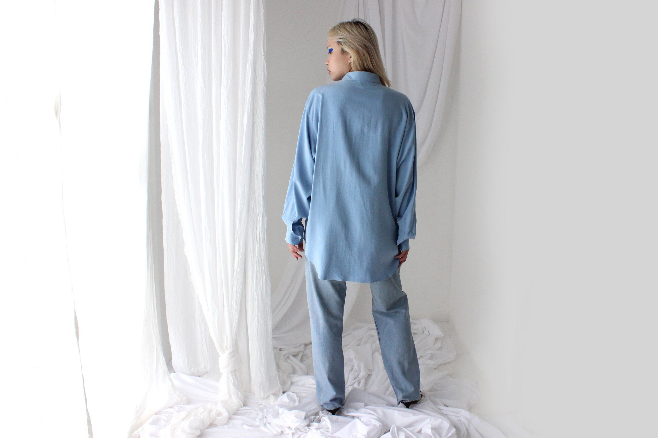 Heavenly 90s Pure Fuji Silk Sky Blue Oversized Shirt