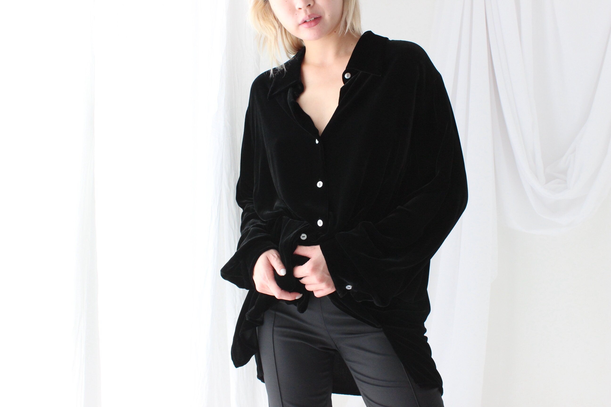 90s Blackest Black PURE SILK VELVET Oversized Shirt