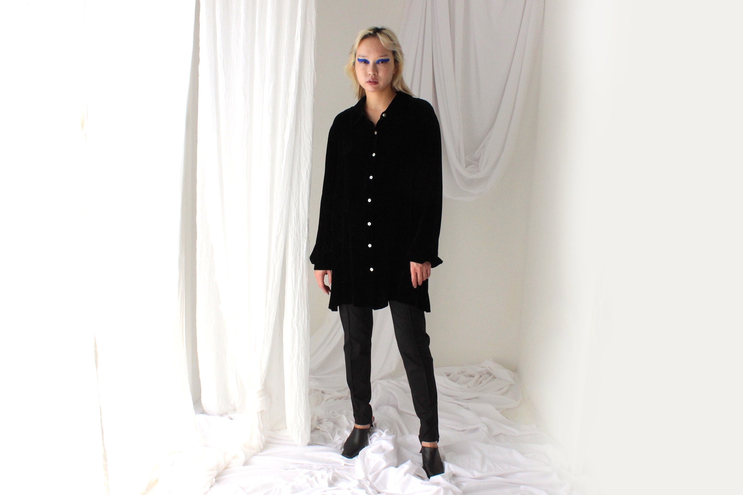 90s Blackest Black PURE SILK VELVET Oversized Shirt