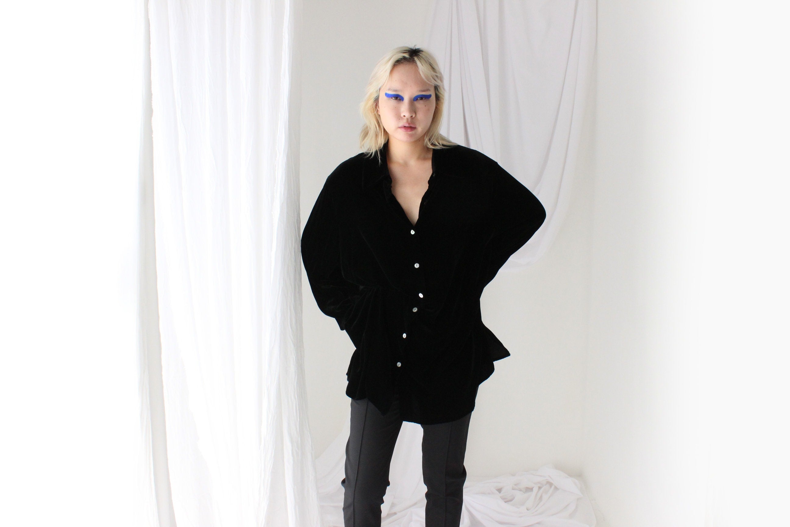 90s Blackest Black PURE SILK VELVET Oversized Shirt