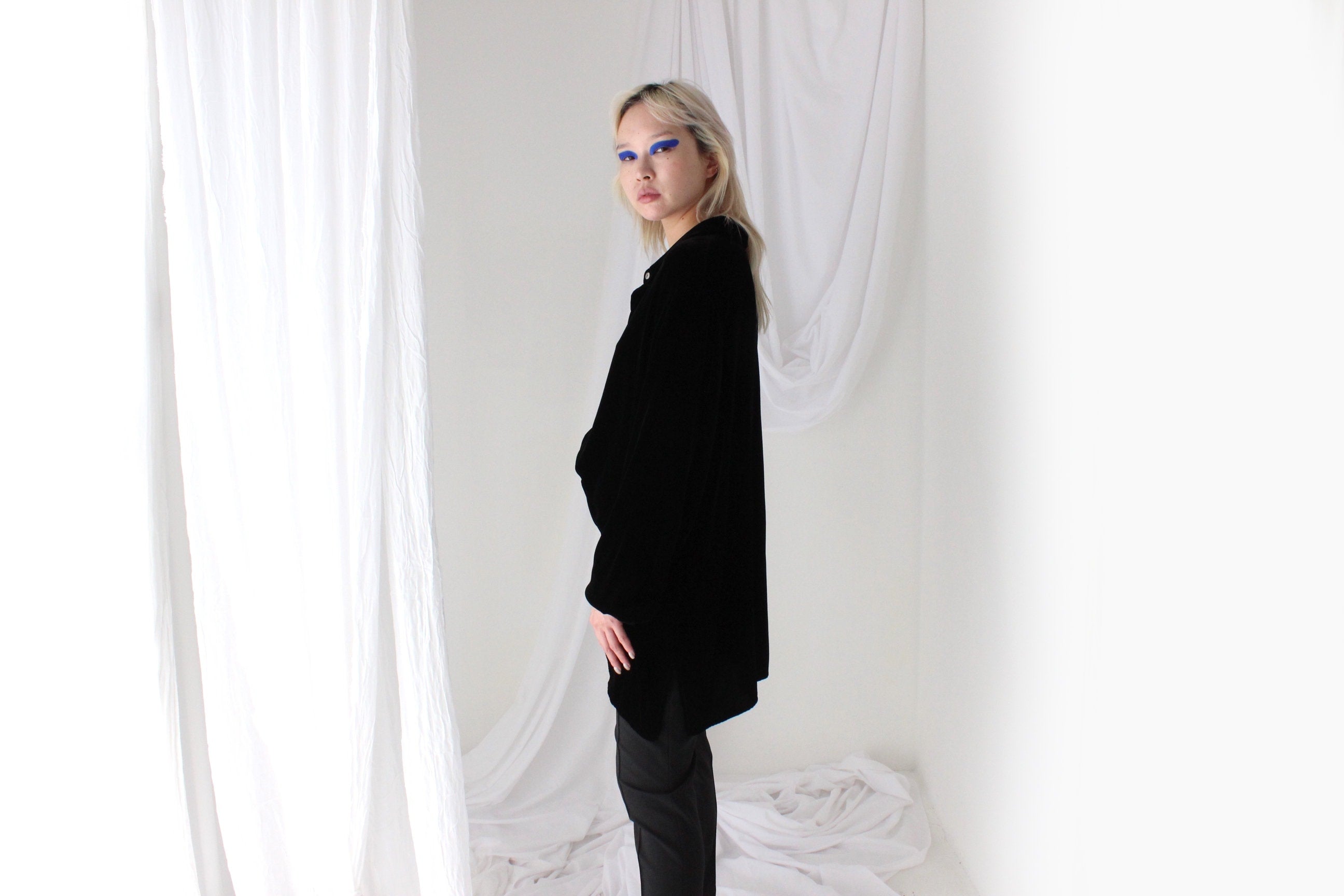 90s Blackest Black PURE SILK VELVET Oversized Shirt