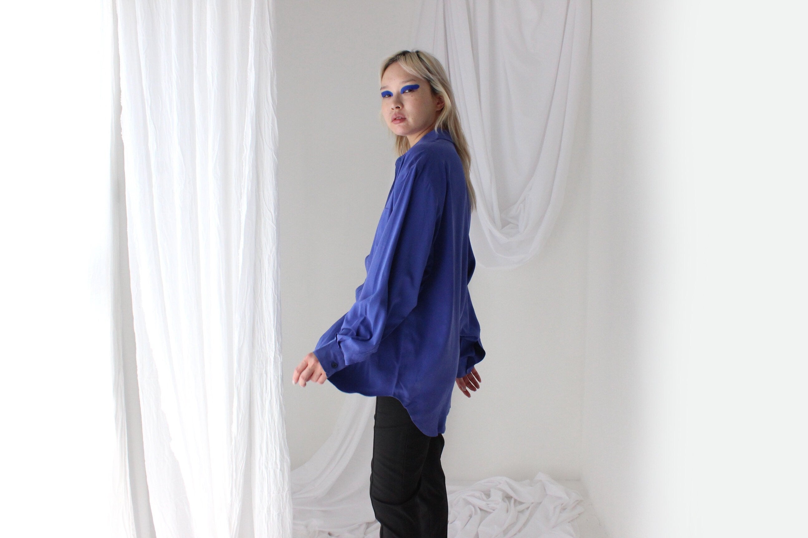 Heavenly 90s Pure Fuji Silk Cobalt Blue Oversized Shirt