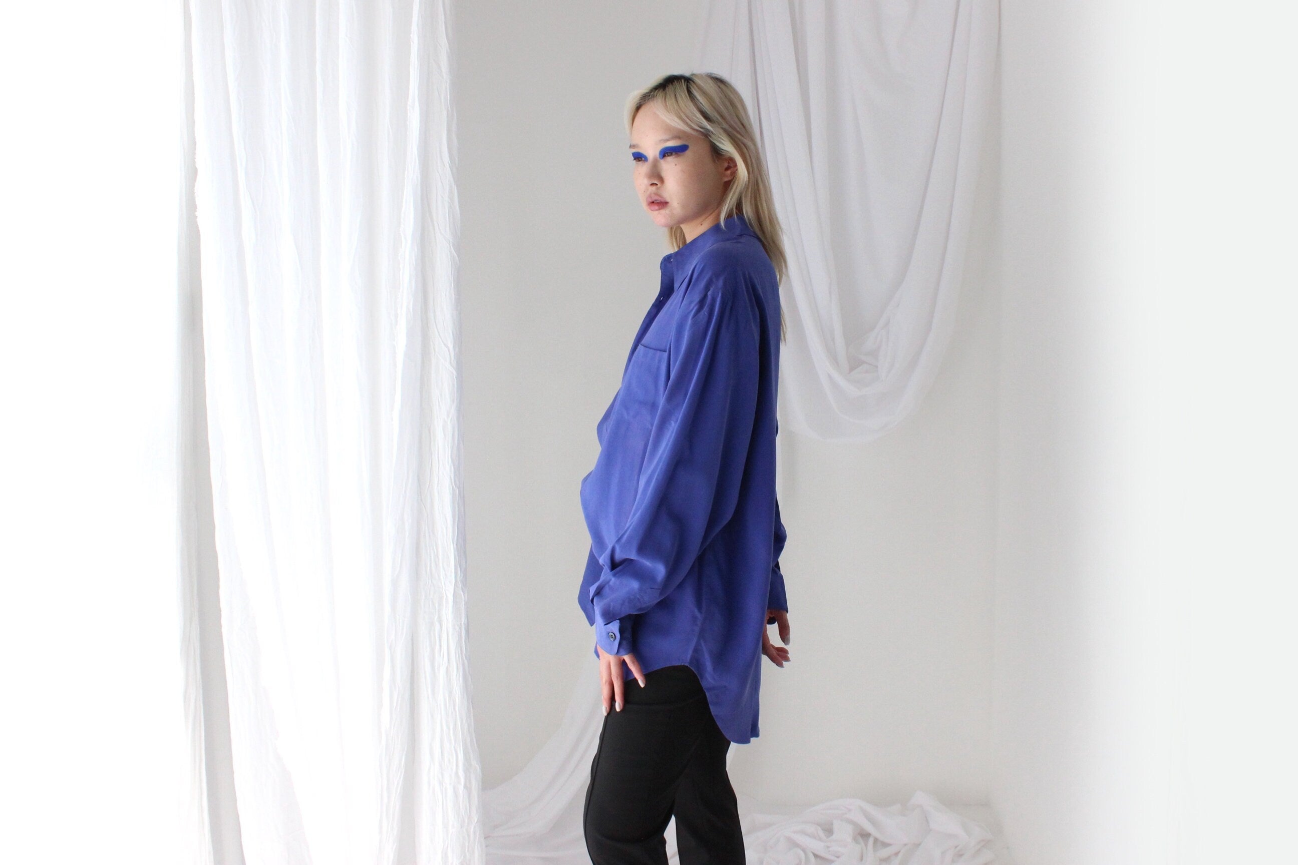 Heavenly 90s Pure Fuji Silk Cobalt Blue Oversized Shirt