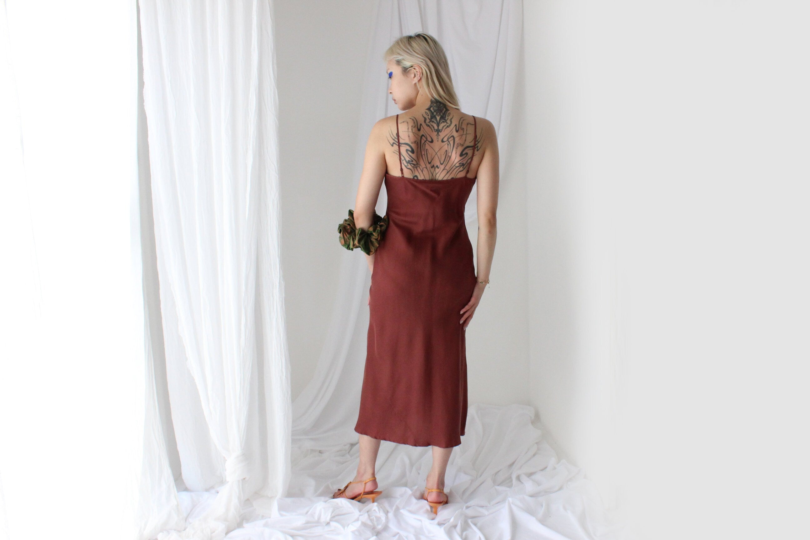 90s Pure Silk Bias Cut Slip Dress in Mocha