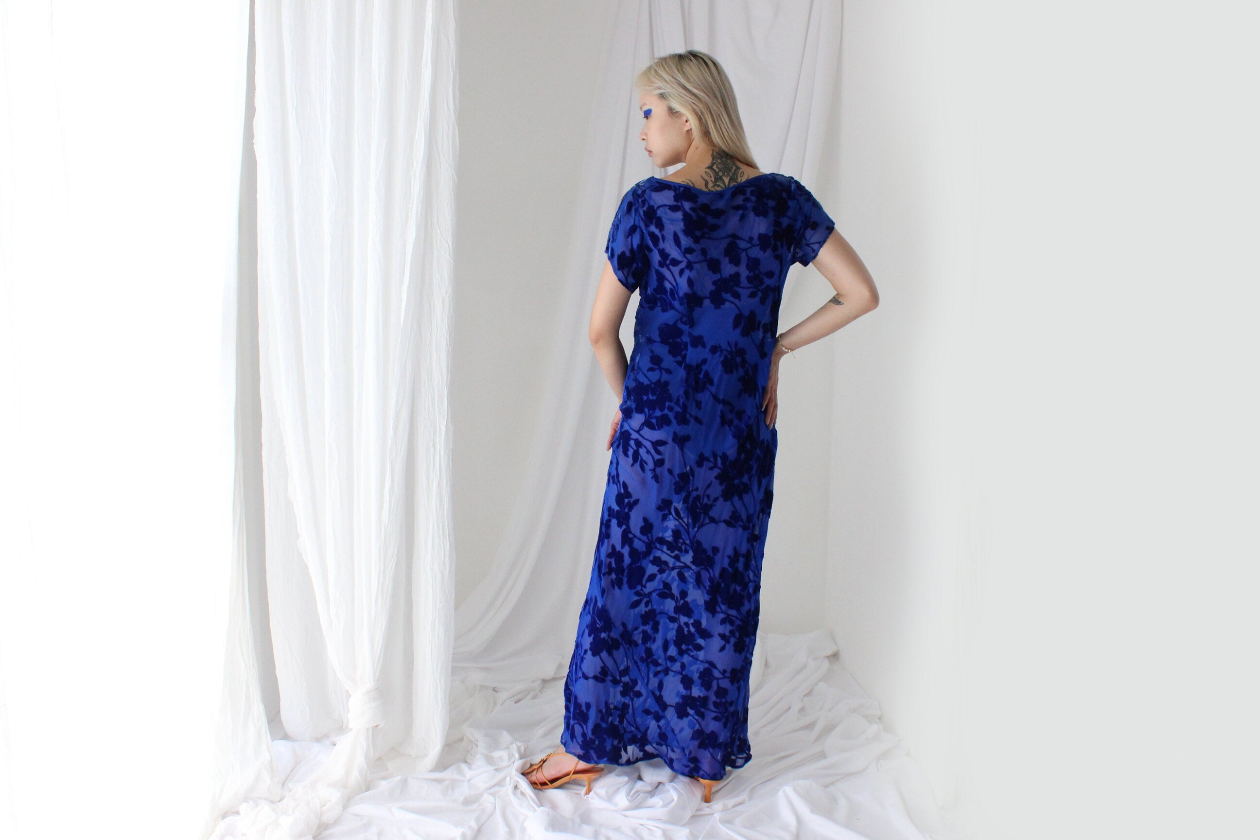 90s PURE SILK VELVET Cobalt Blue Floral Burnout Bias Cut Gown