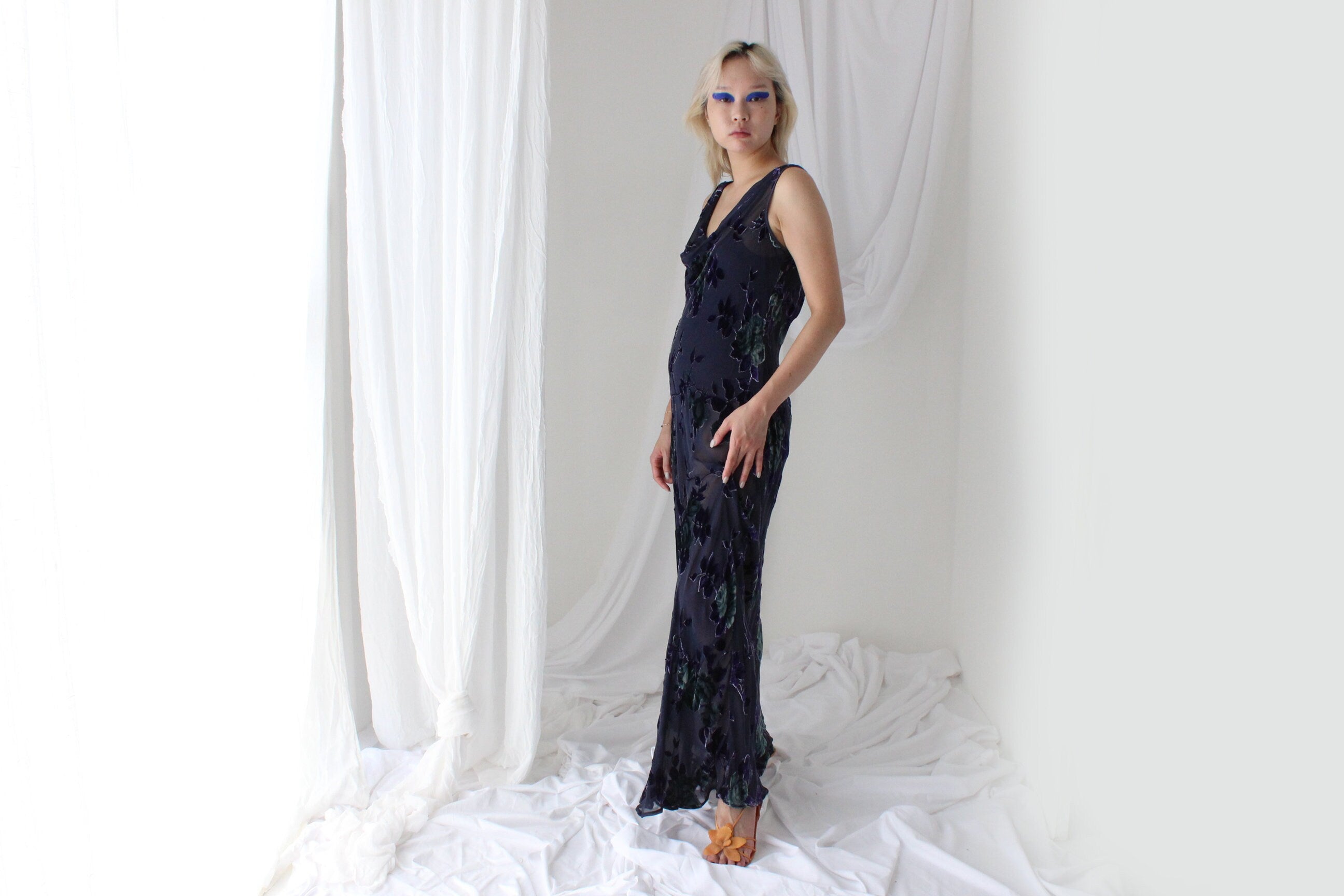 90s PURE SILK VELVET Floral Burnout Bias Cut Cowl Neck Gown