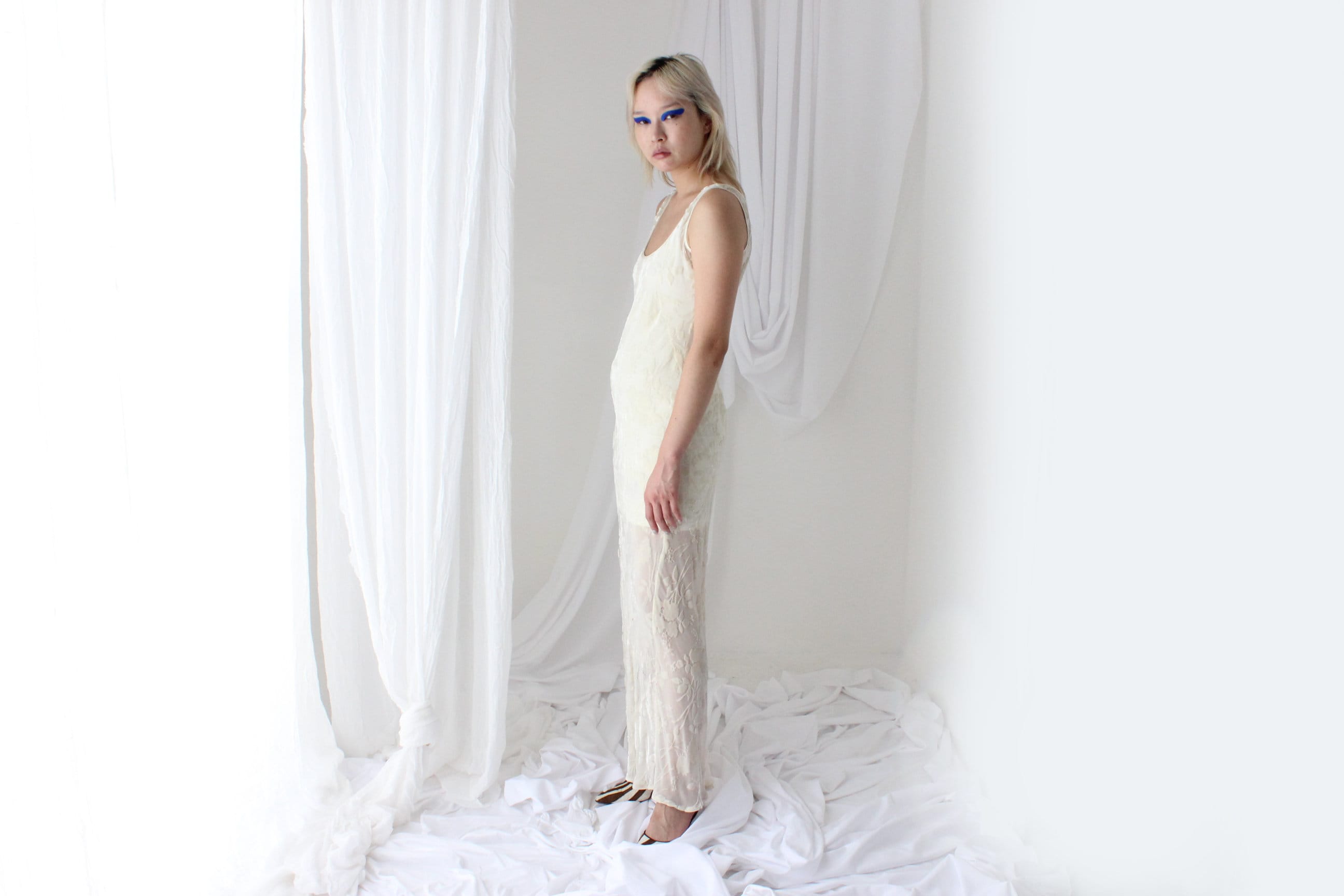 90s PURE SILK VELVET Cream Floral Burnout Bias Cut Gown