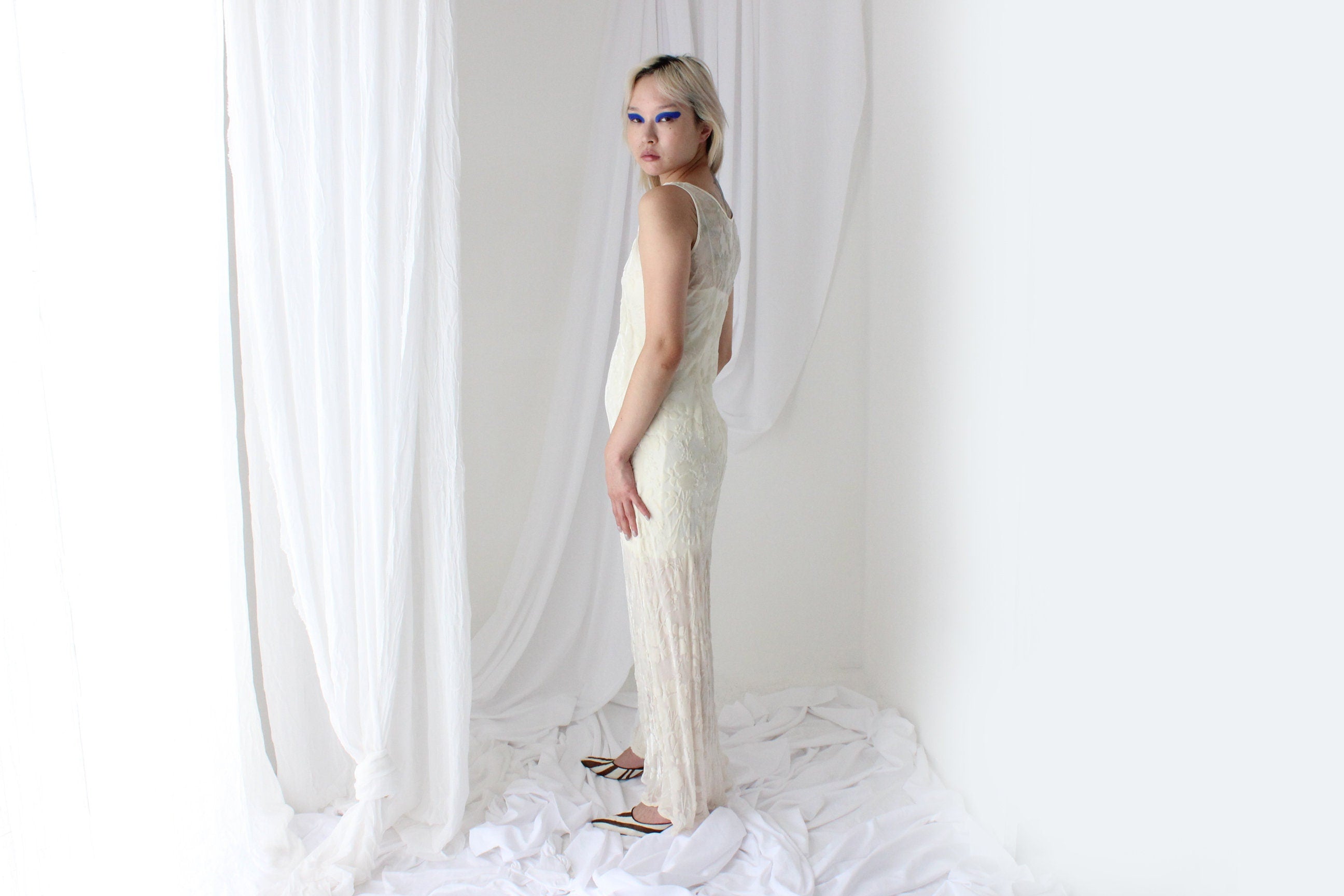 90s PURE SILK VELVET Cream Floral Burnout Bias Cut Gown