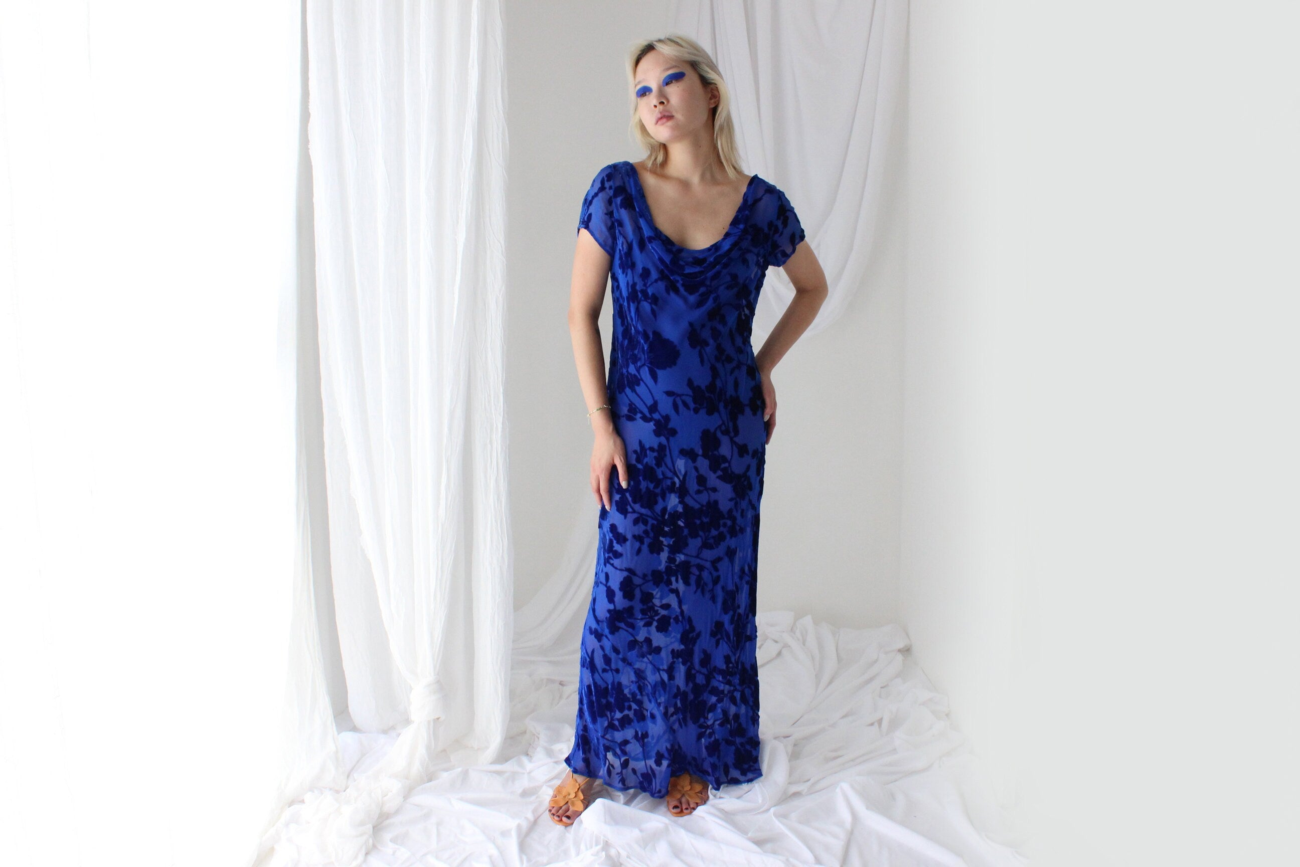 90s PURE SILK VELVET Cobalt Blue Floral Burnout Bias Cut Gown