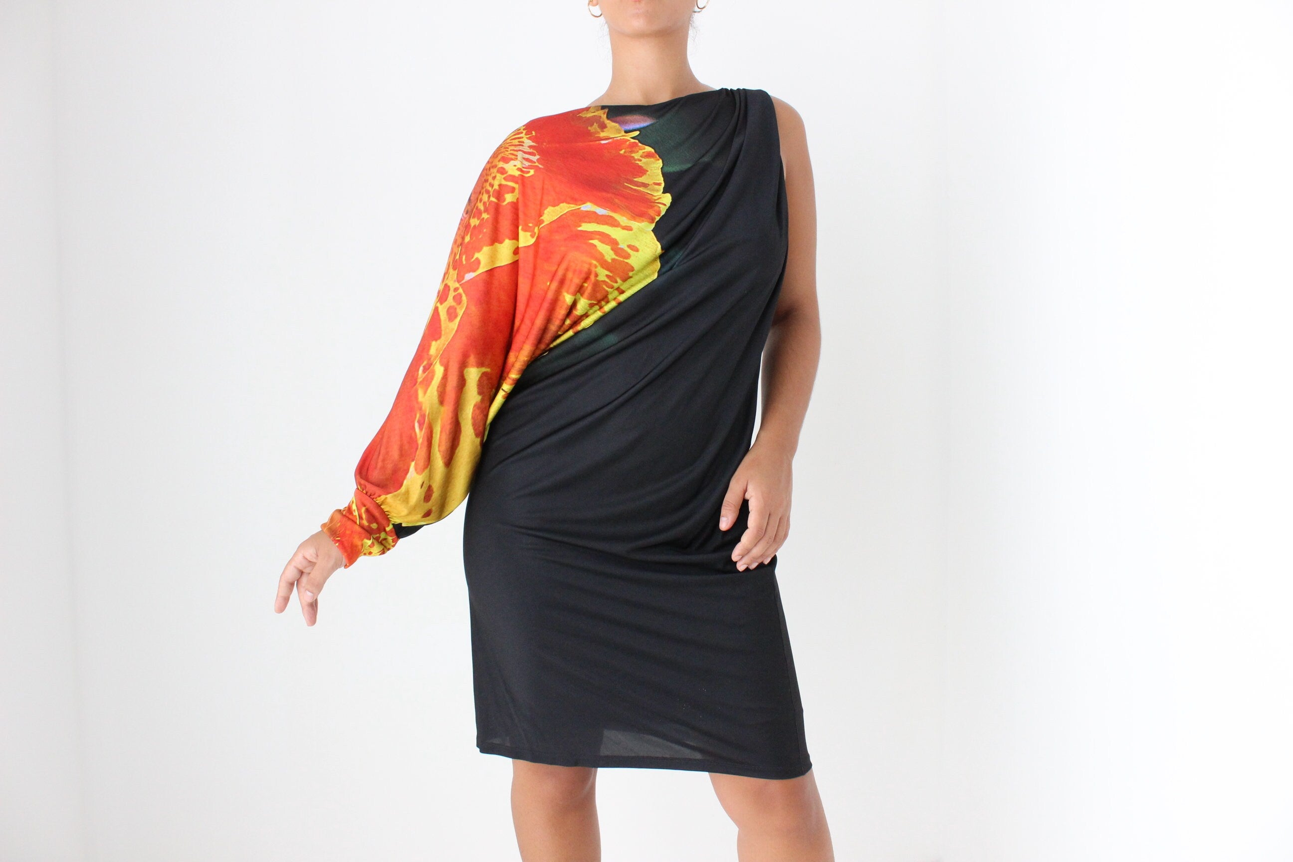 Y2K Roberto Cavalli Asymmetric Flower Shoulder Dress