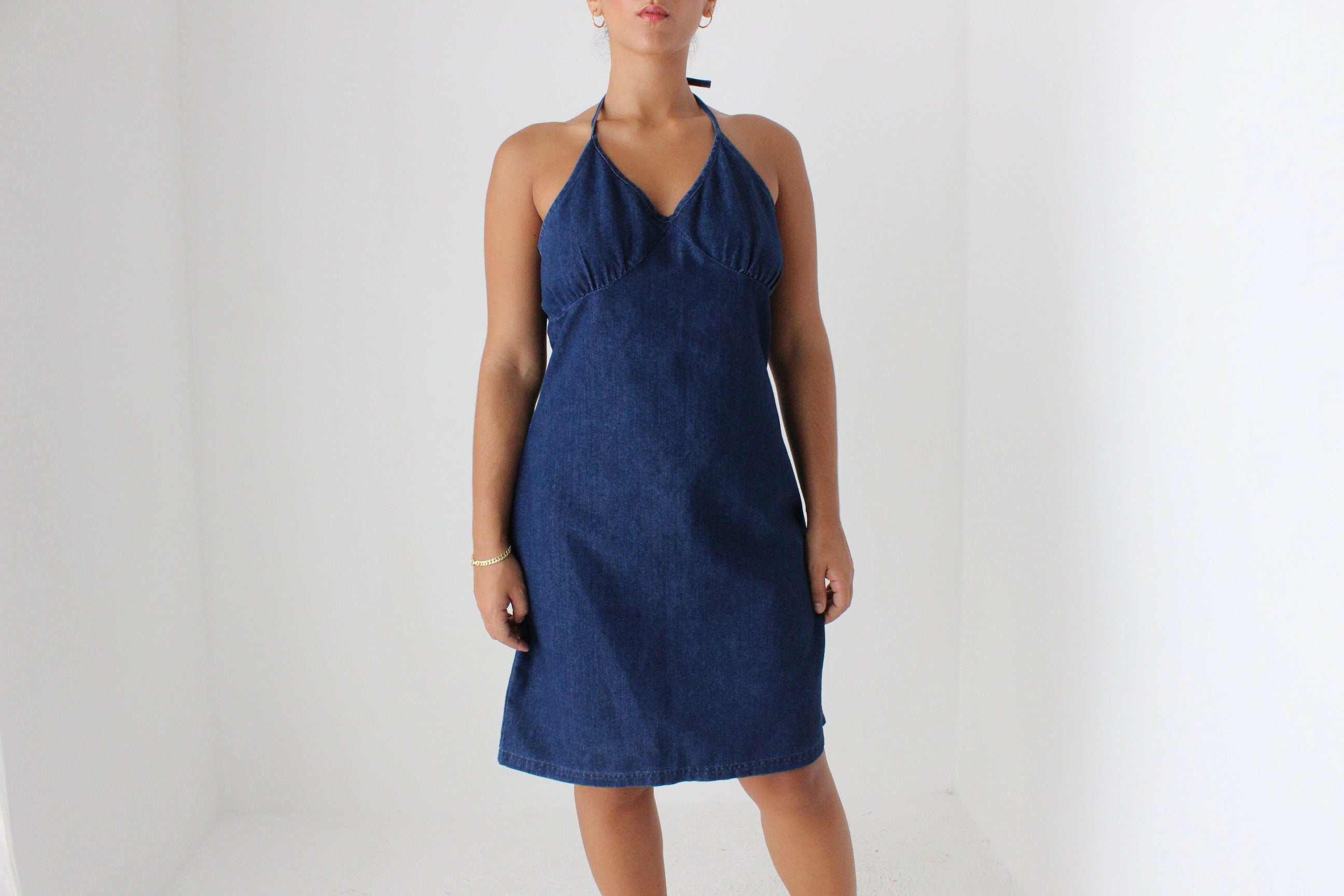 Y2K Darkwash Denim Minimal Halter Dress